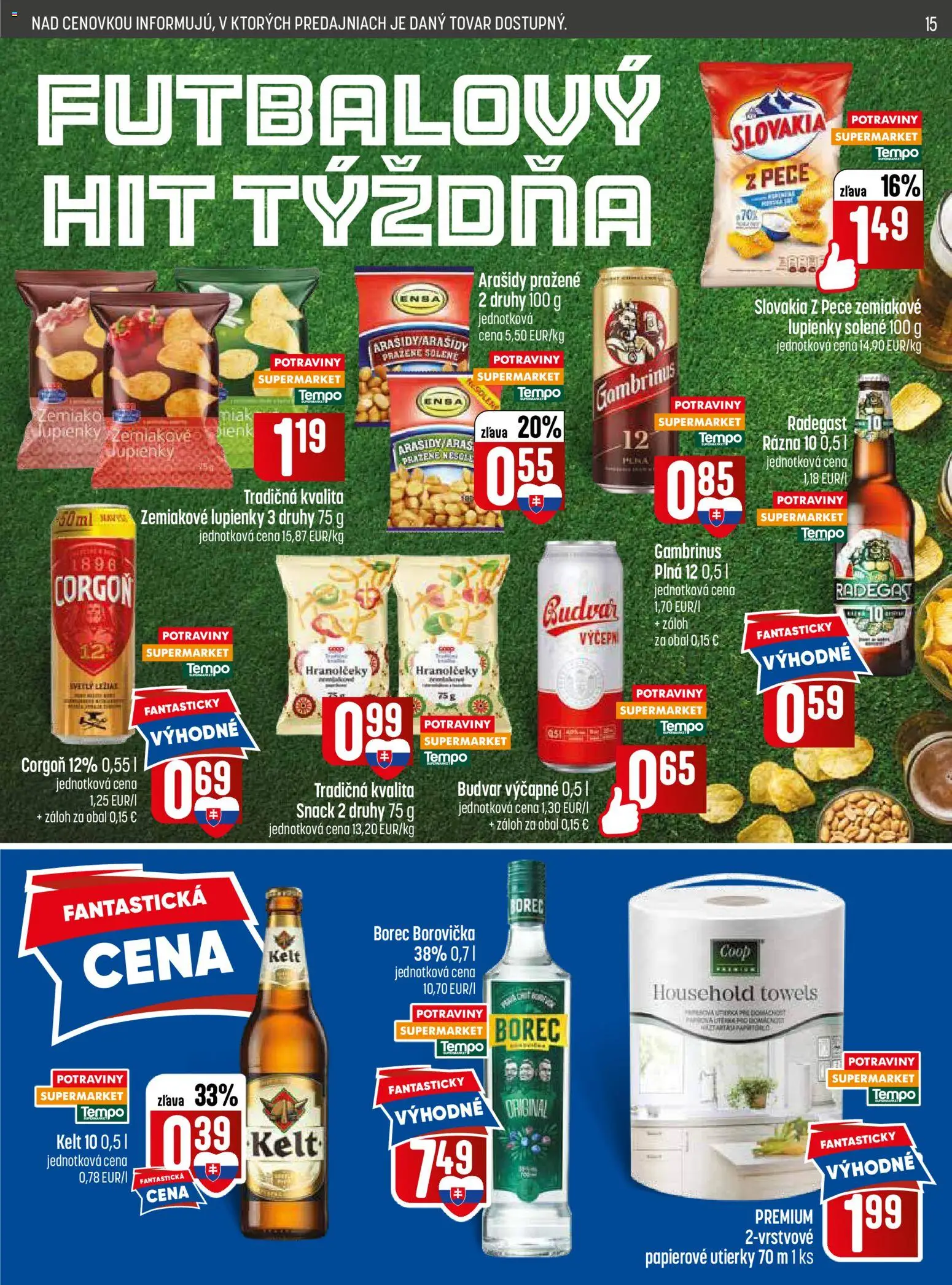 Nové COOP Jednota akcie – leták je platný od 11.06.2026 | Strana: 15 | Produkty: Borovička, Radegast, Corgoň, Arašidy