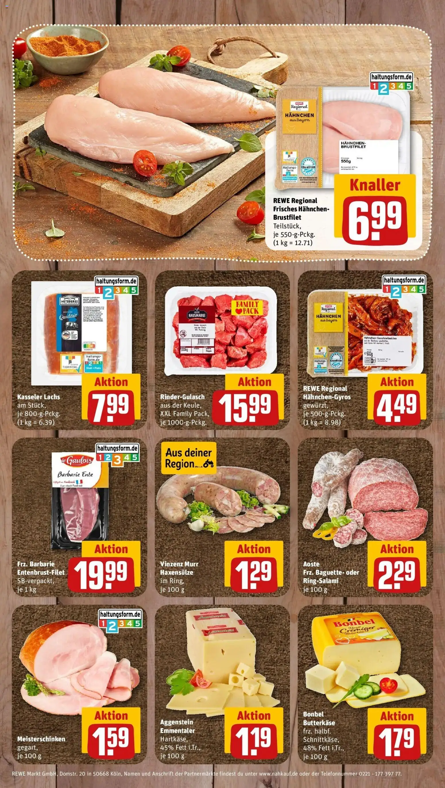 REWE Prospekt ab 12.10.2026 zum Blättern » Angebote | Seite: 10 | Produkte: Rindergulasch, Hahnchen, Baguette, Lachs