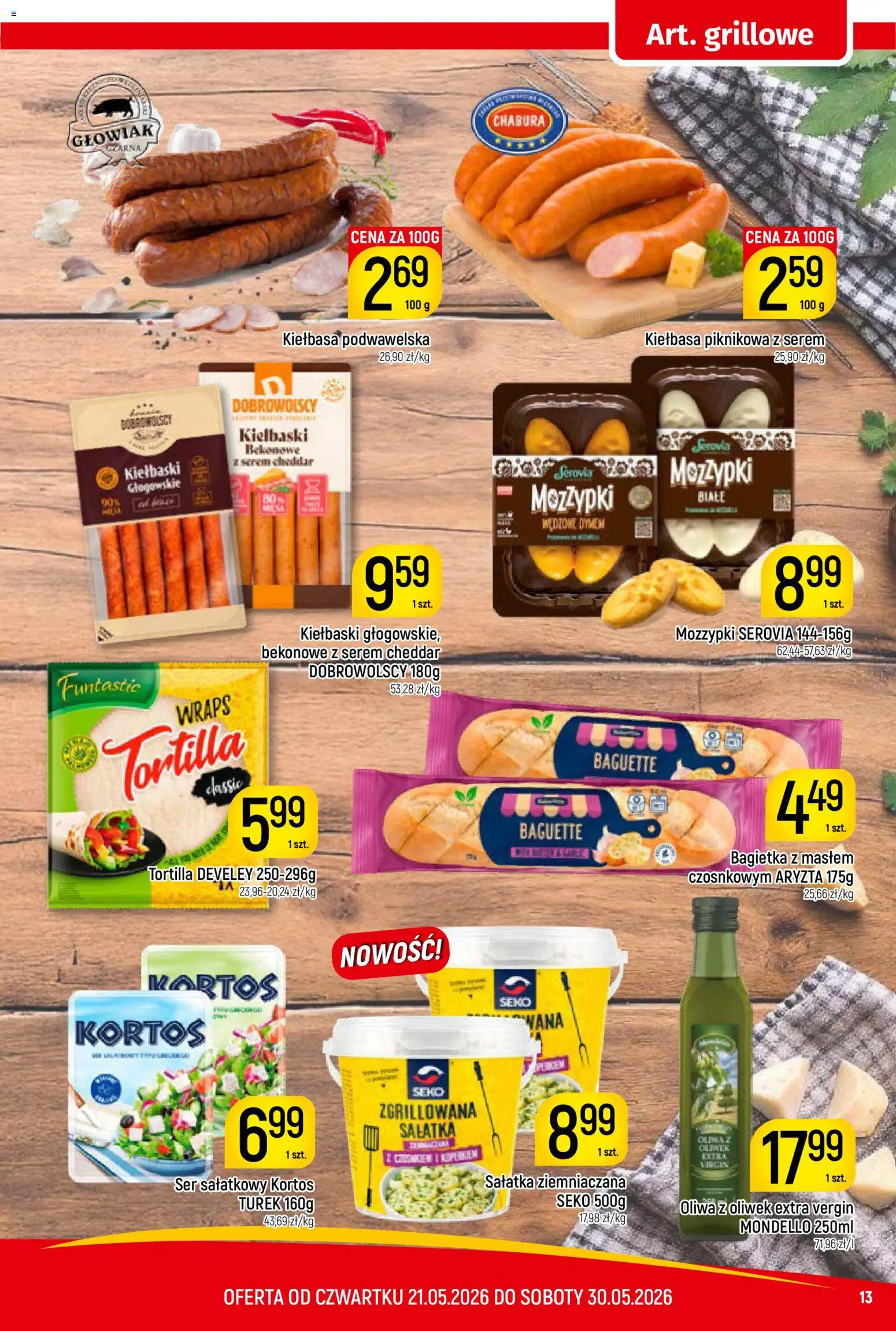 Piotruś Pan gazetka od 21.05.2026 | Strona: 13 | Produkty: Kiełbaski, Tortilla, Bagietka, Ser