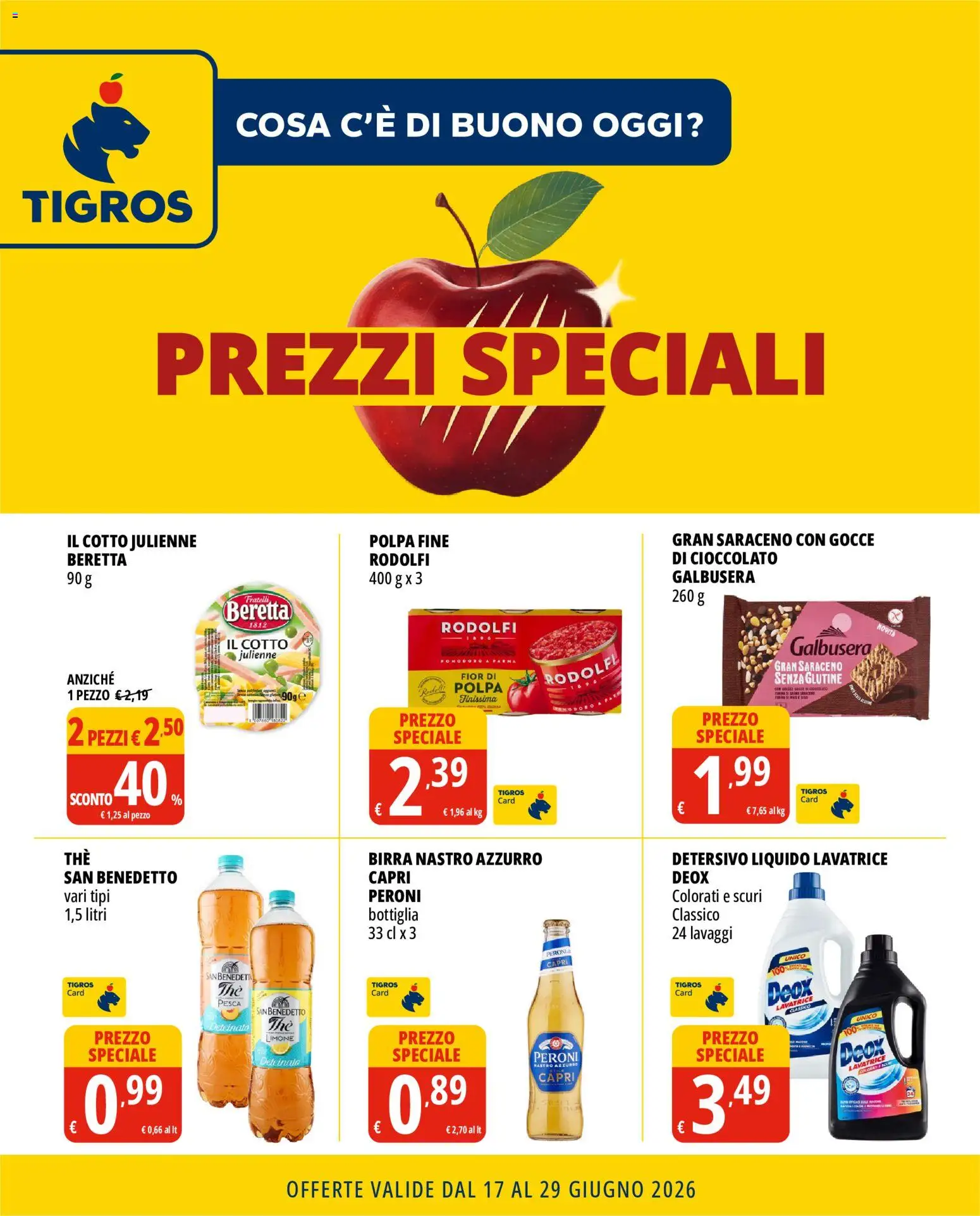 Volantino Tigros del 17.06.2026 | Pagina: 1 | Prodotti: Cioccolato, Limone, Pesca, Bottiglia