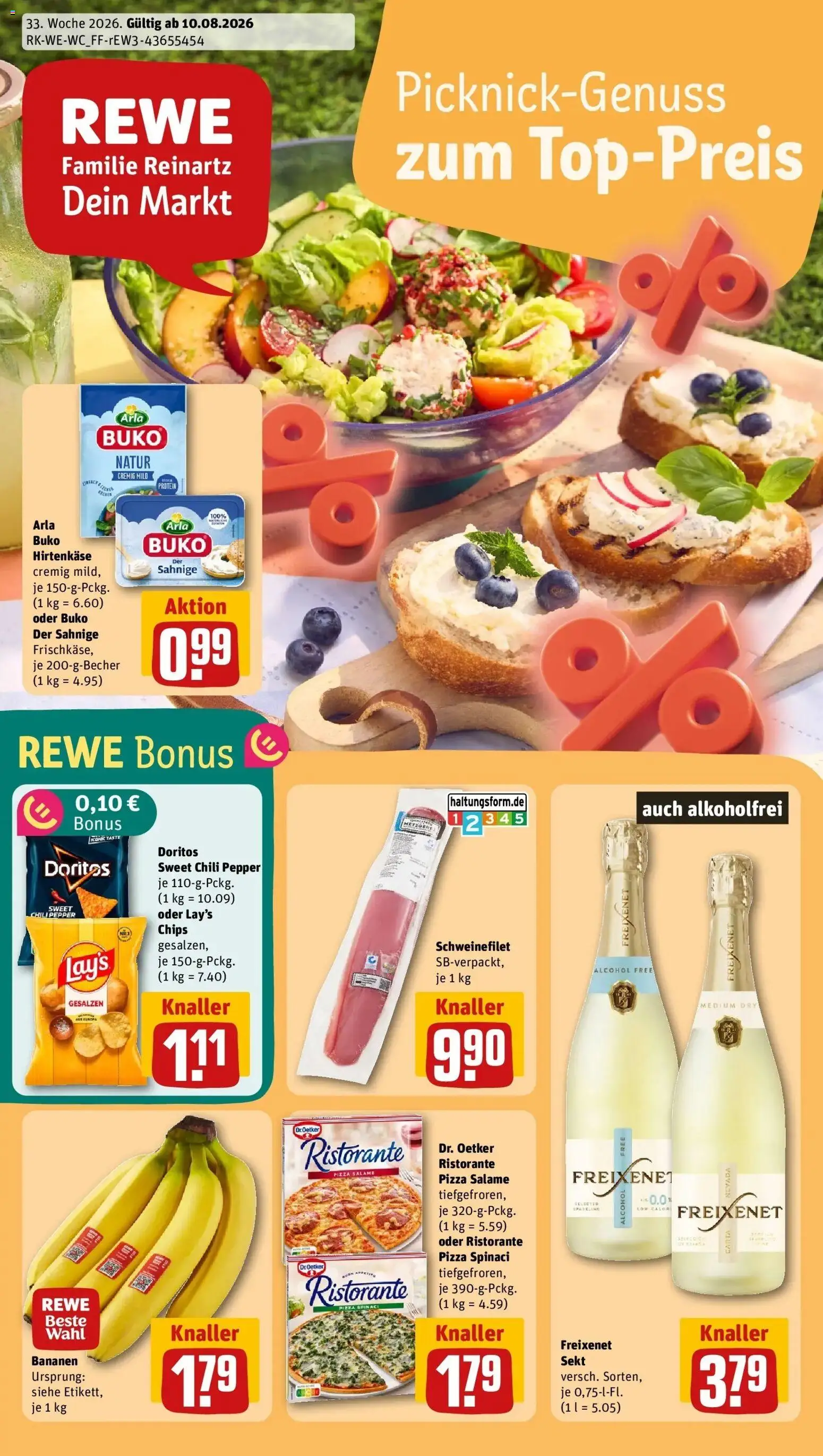 REWE Prospekt ab 10.08.2026 zum Blättern » Angebote | Seite: 1 | Produkte: Freixenet, Schweinefilet, Arla buko, Chili