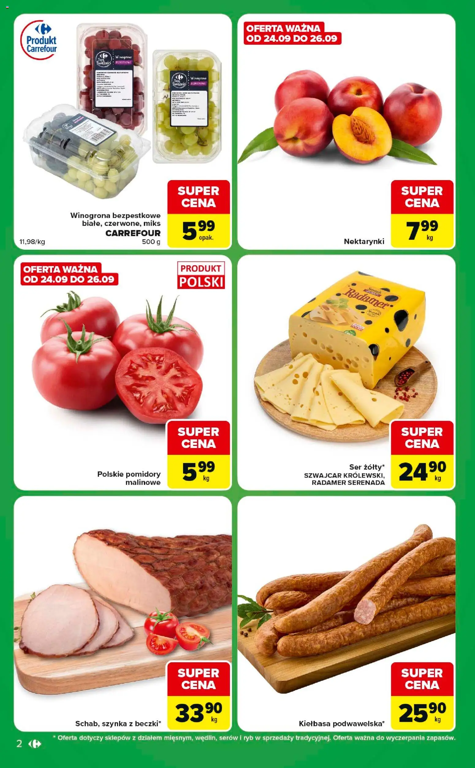 Carrefour gazetka - Express od 22.09.2026 | Strona: 2 | Produkty: Kiełbasa, Winogrona, Winogrona bezpestkowe, Pomidory