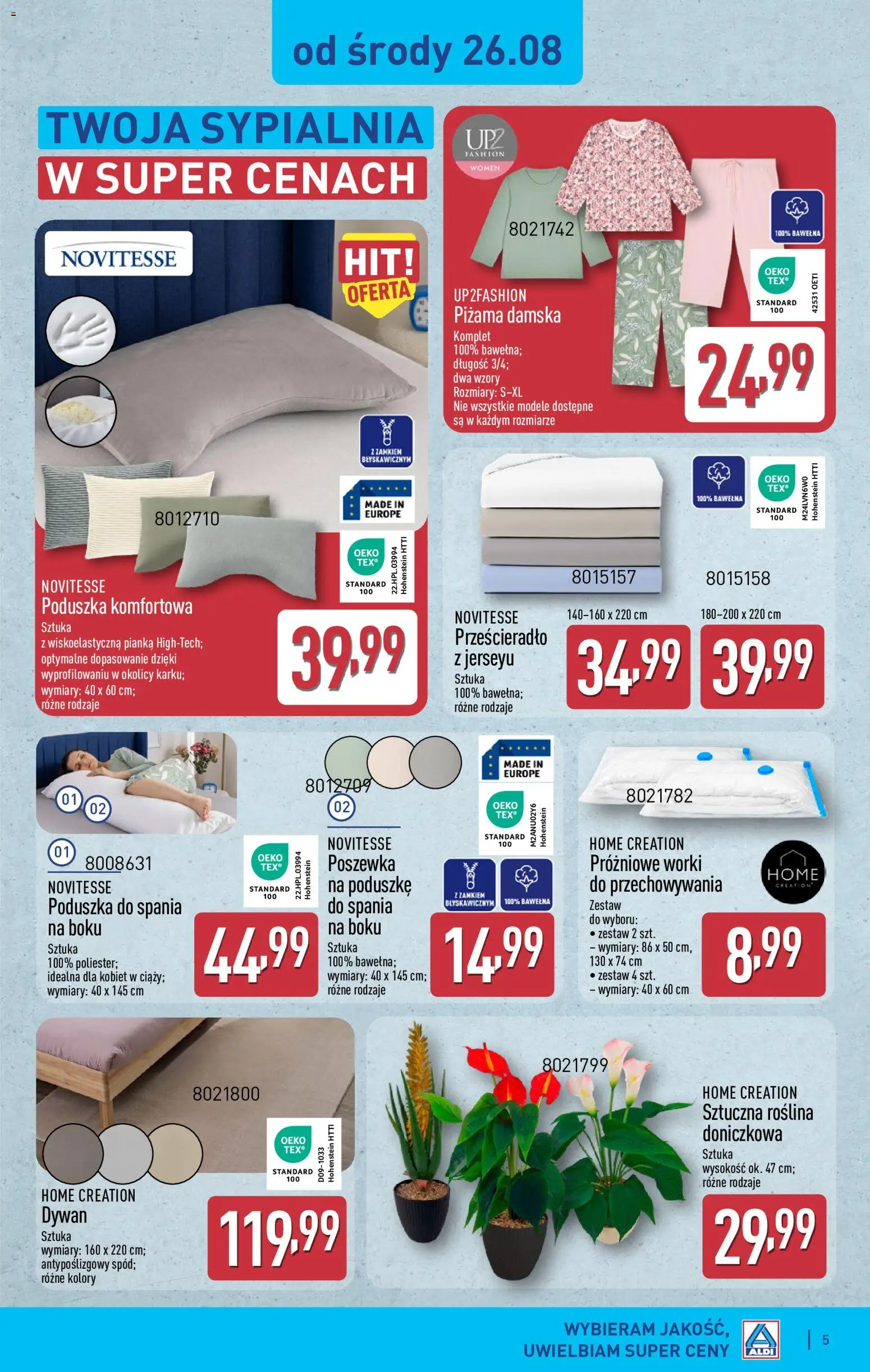 Aldi gazetka - Hity od Środy i od Soboty od 26.08.2026 | Strona: 5 | Produkty: Piżama, Poduszka, Prześcieradło, Dywan