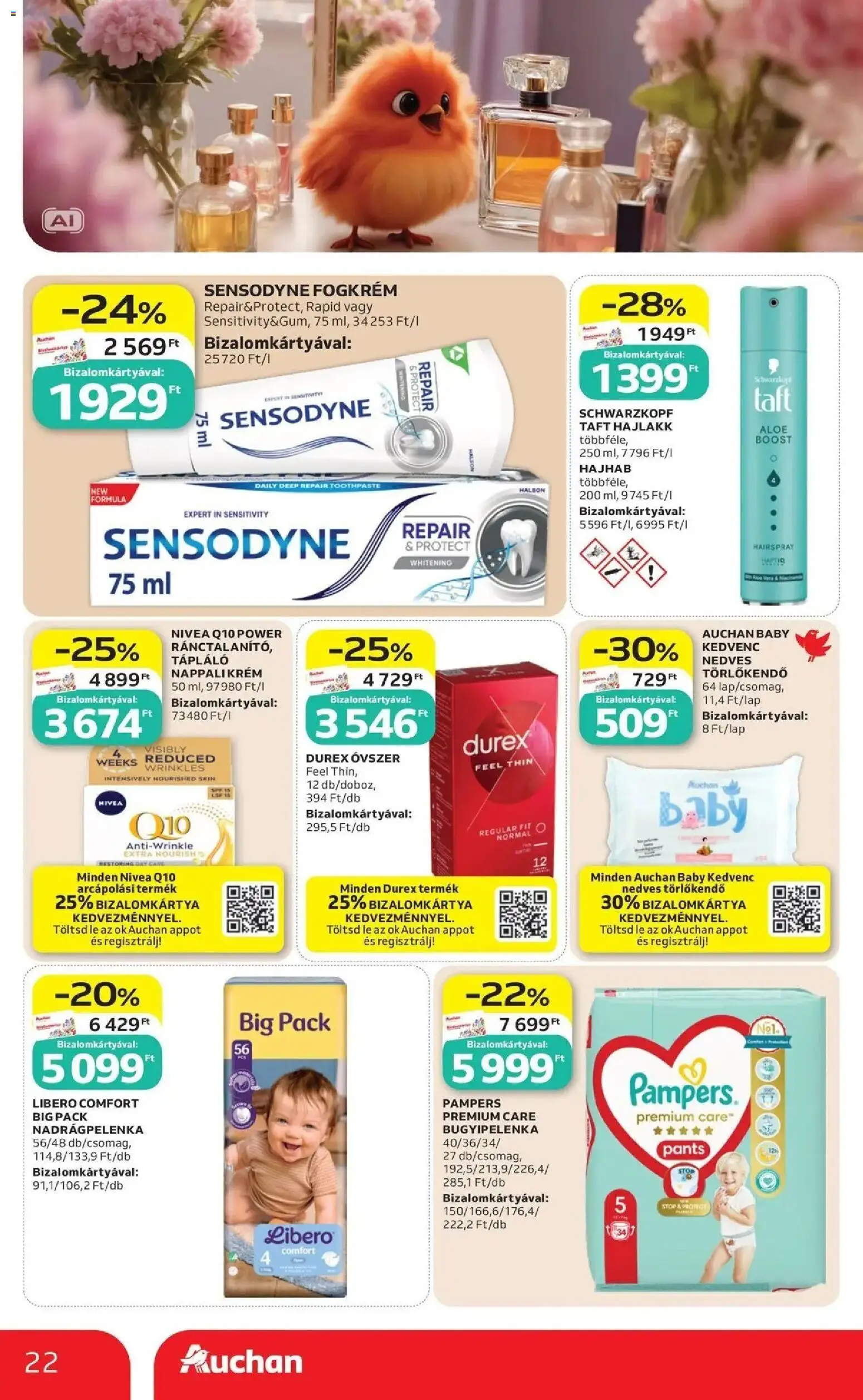 Auchan akciós újság Szolnok - 2026.08.20. -tól/töl > akció, lapozható szórólap 🛍️ | Oldal: 22 | Termékek: Pampers, Óvszer, Hajlakk, Fogkrém