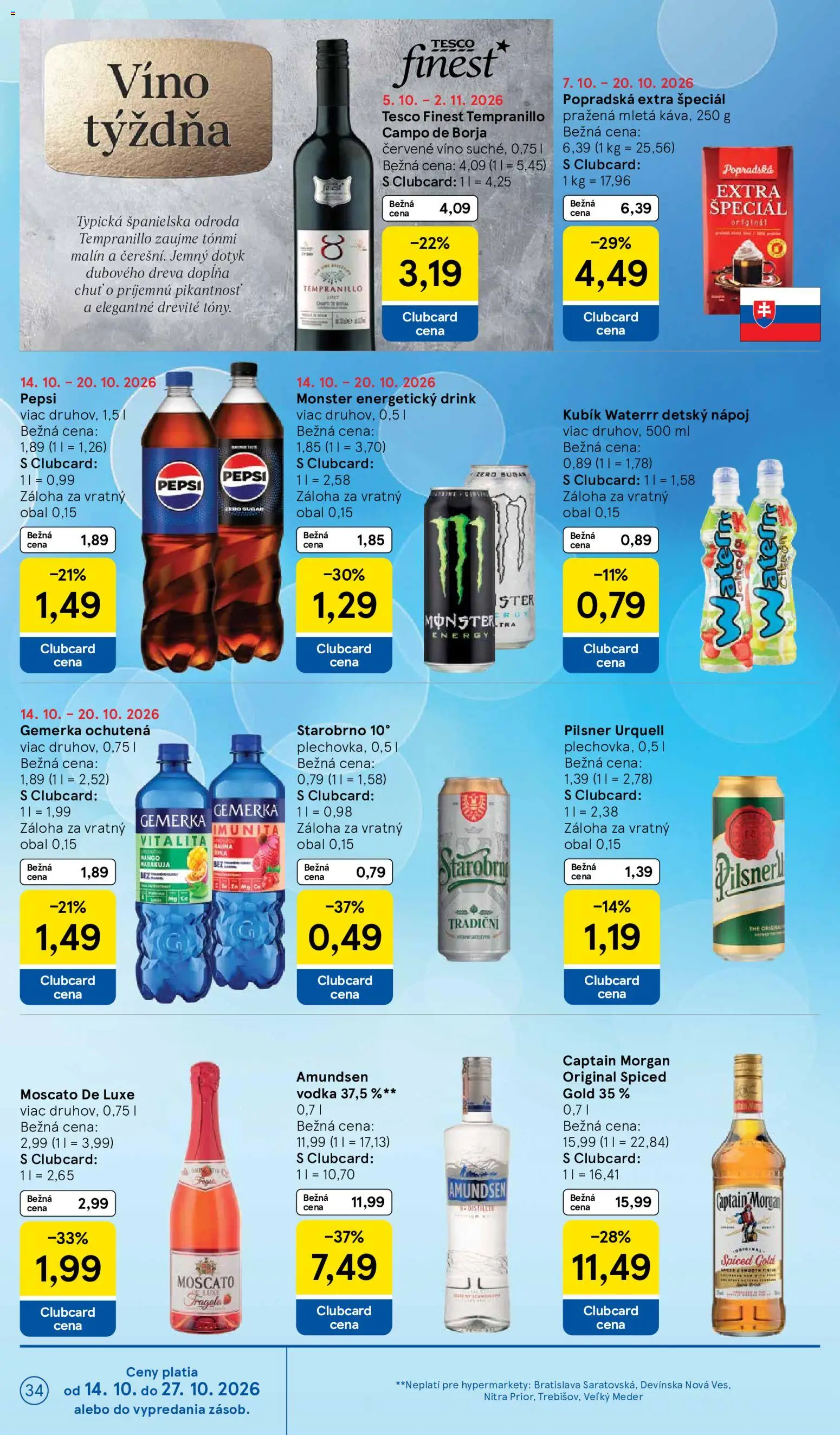 Nové Tesco akcie – leták je platný od 14.10.2026 | Strana: 34 | Produkty: Víno, Červené víno, Vodka, Energetický drink