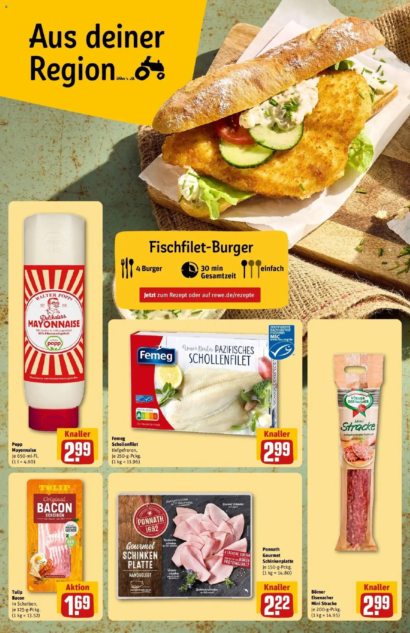 Rewe Prospekt Laatzen – gültig ab 27.07.2026 | Seite: 4 | Produkte: Burger, Zucker, Schinken, Schweinefleisch