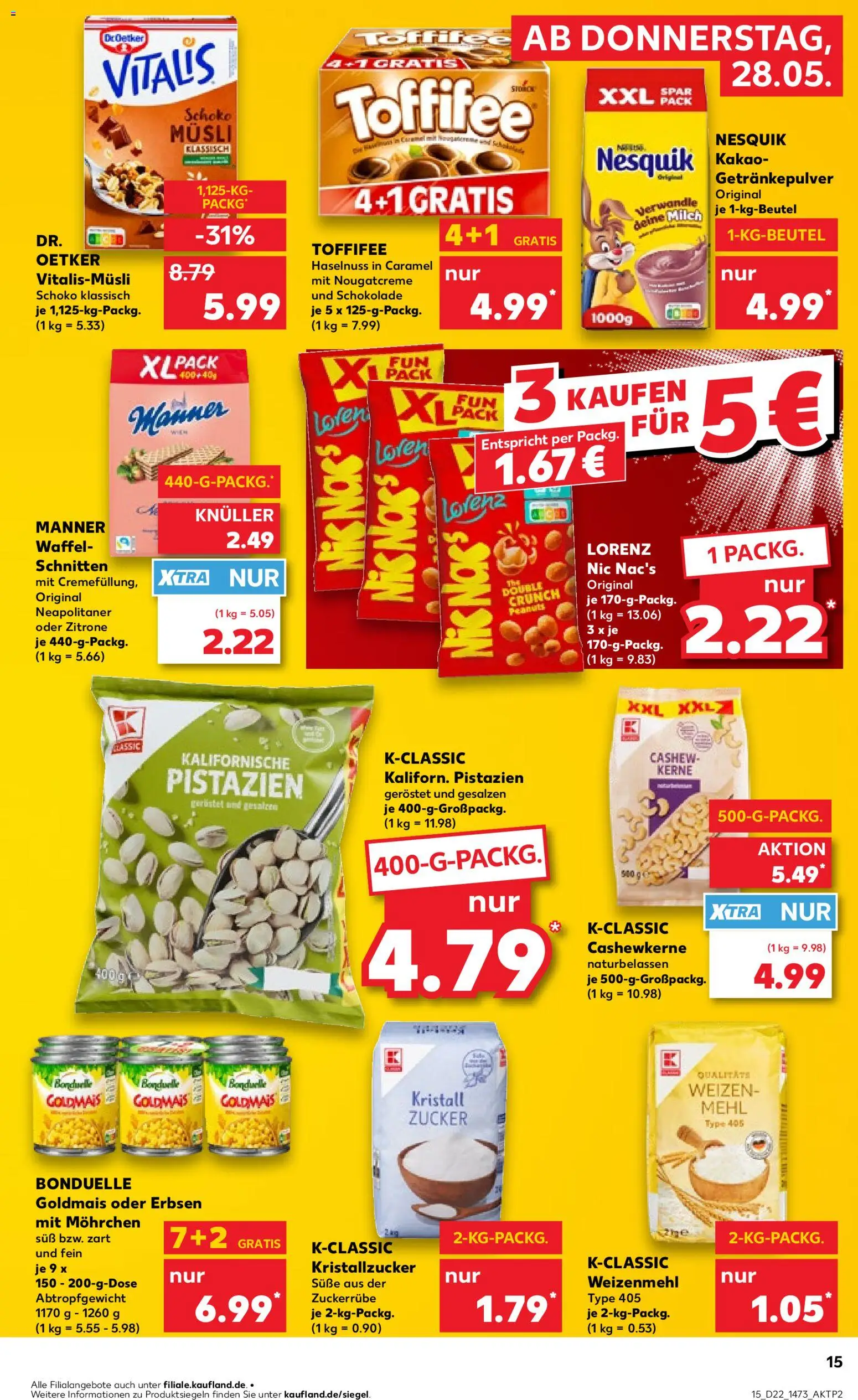 Kaufland Prospekt Potsdam – gültig ab 28.05.2026 | Seite: 15 | Produkte: Mehl, Pistazien, Toffifee, Erbsen