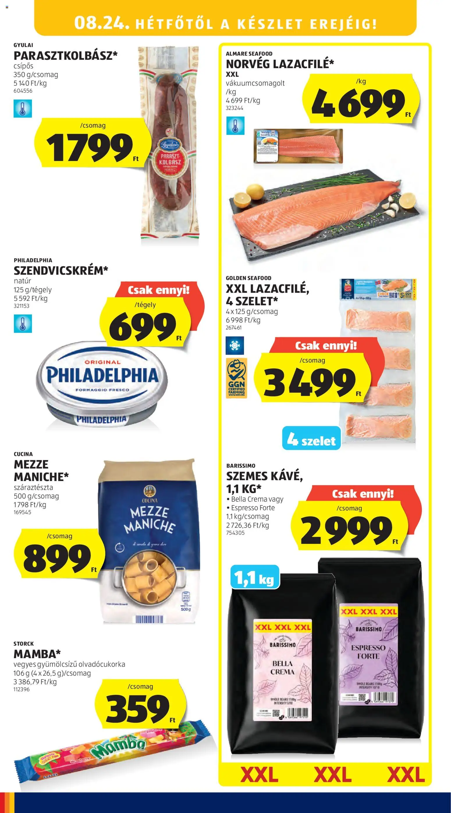Aldi akciós ujság - amely érvényes a következő dátumtól: 2026.08.21. | Oldal: 22 | Termékek: Seafood, Kolbász, Golden Seafood, Bella