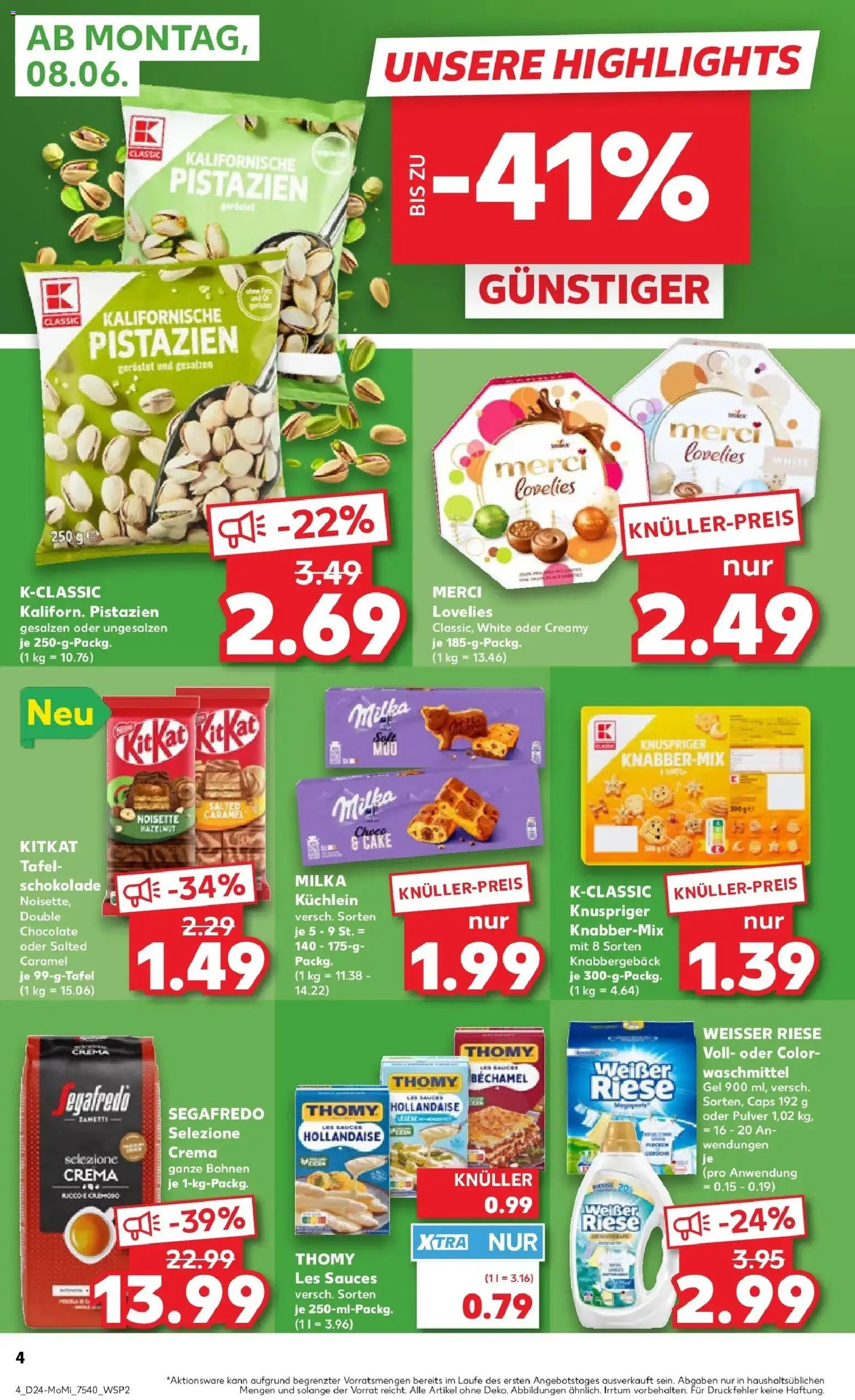 Kaufland Prospekt Strausberg – gültig ab 08.06.2026 | Seite: 4 | Produkte: Milka, Pistazien, Waschmittel, Segafredo