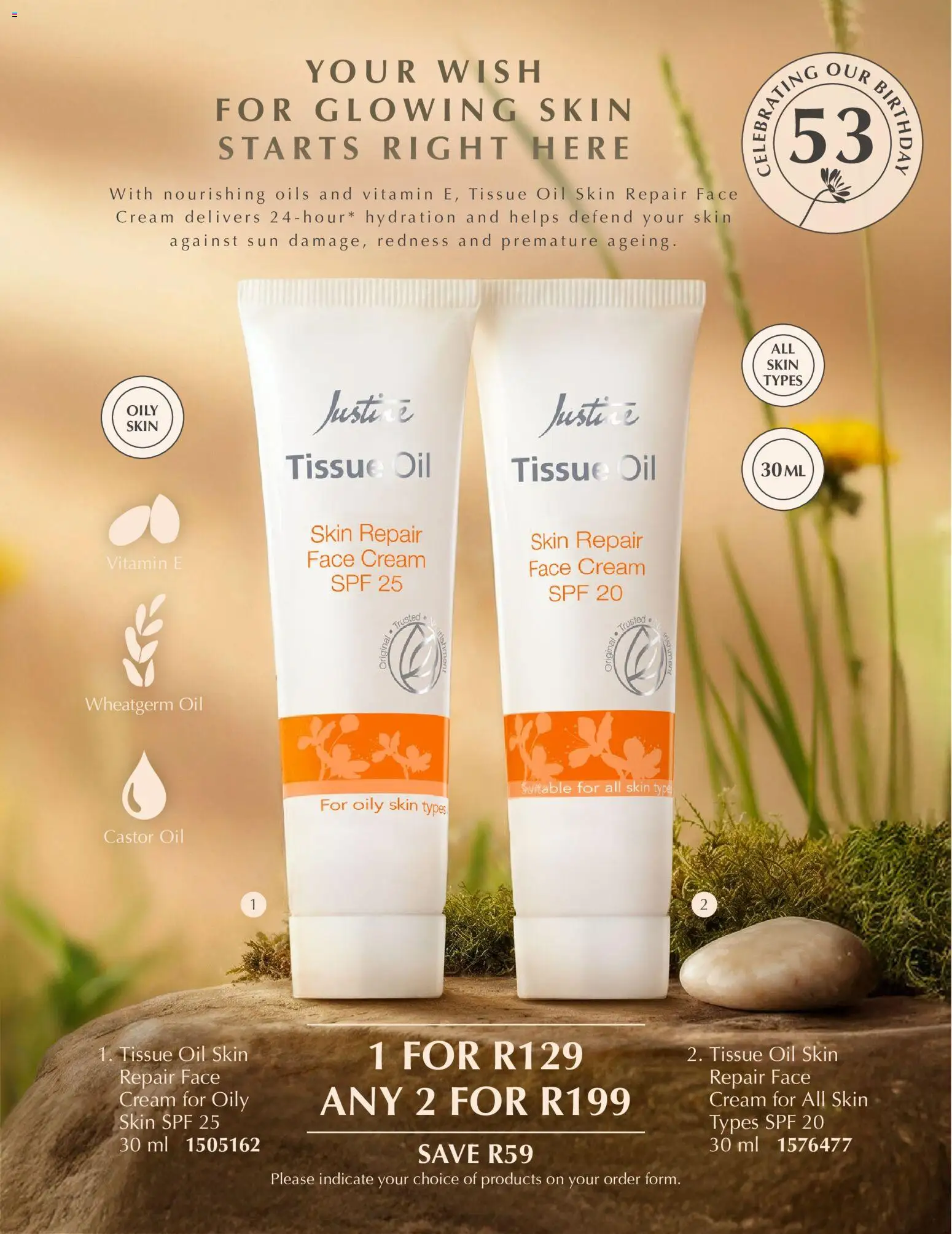 New Justine catalogue – valid from 01.05.2026 | Page: 4 | Products: Tissue oil, Oil, Cream