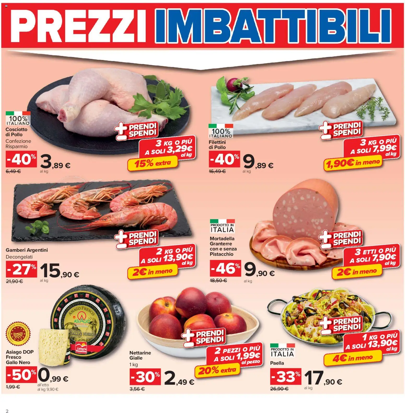Volantino Carrefour del 16.06.2026 | Pagina: 2 | Prodotti: Pollo, Gamberi, Mortadella, Paella