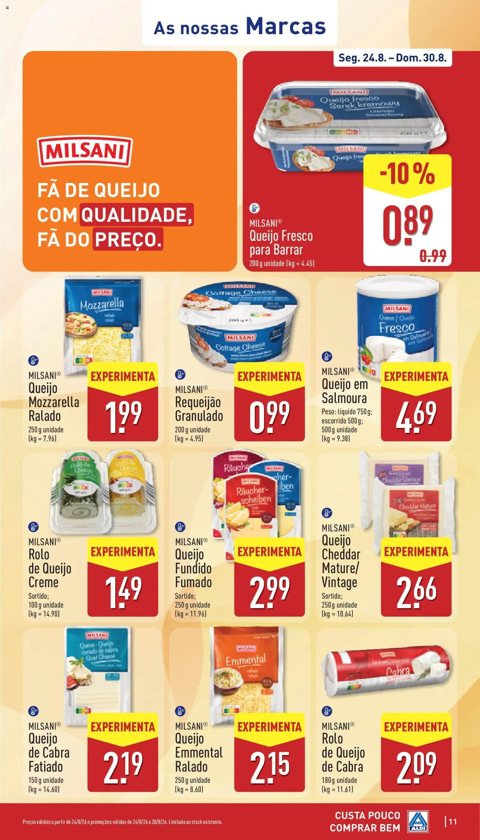 Aldi folheto │ válido de 24/08/2026 | Página: 11 | Produtos: Queijo Mozzarella, Queijo fatiado, Queijo creme, Rolo de queijo