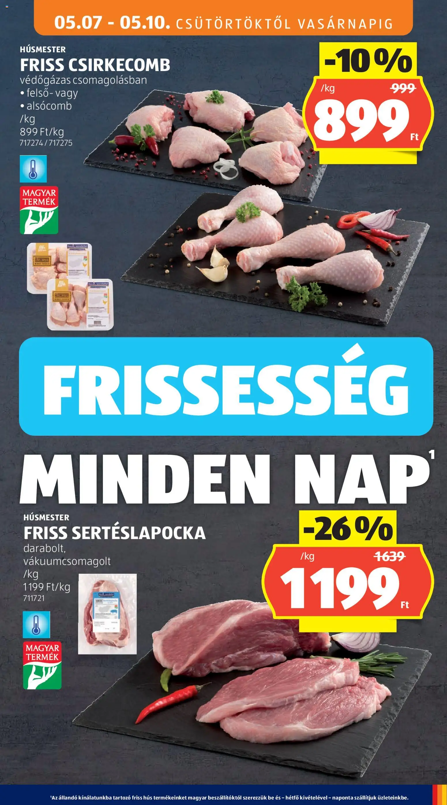 Aldi akciós ujság - amely érvényes a következő dátumtól: 07.05.2026 | Oldal: 11 | Termékek: Hús, Sertéslapocka, Csirkecomb