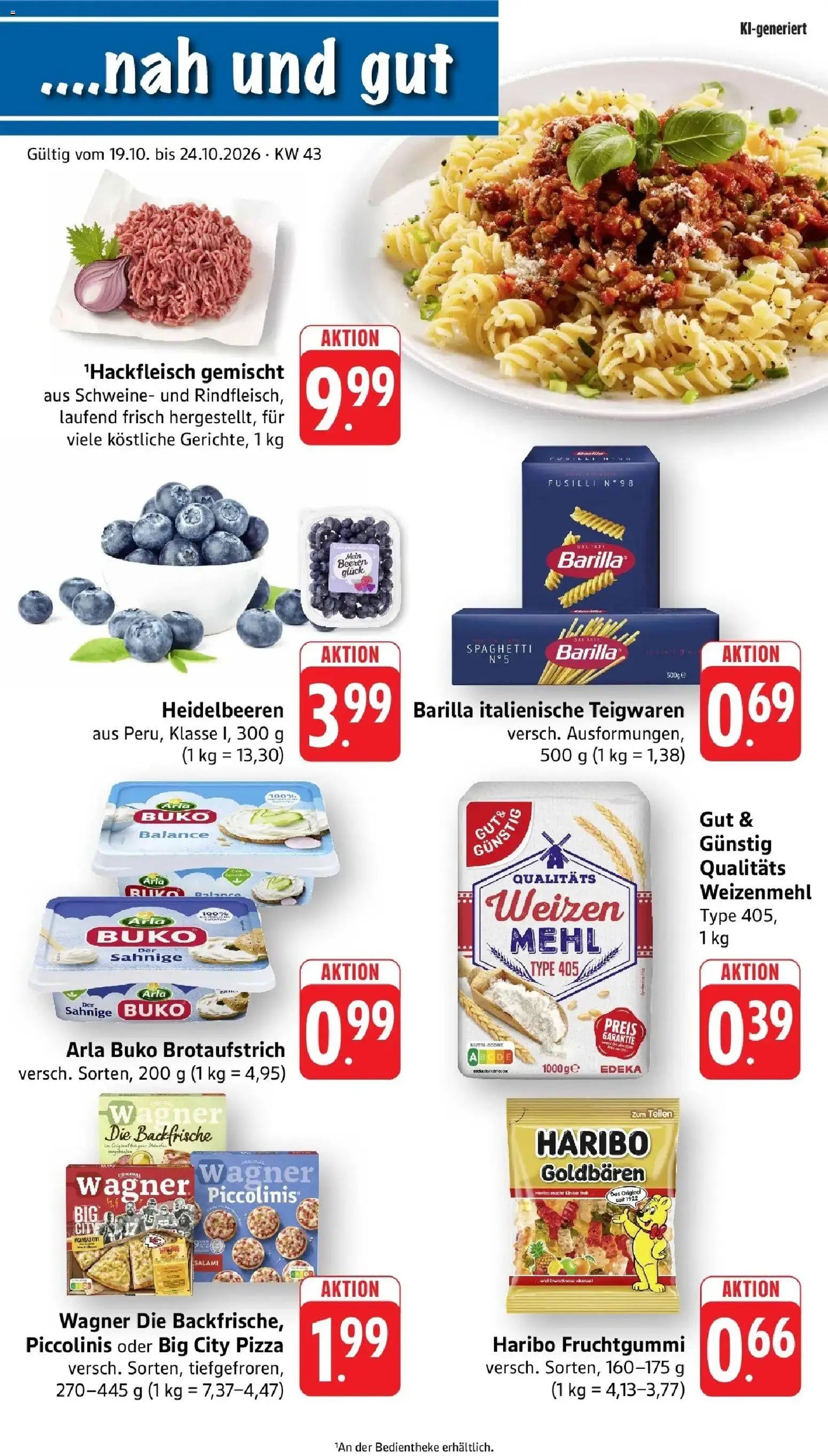 nah & gut Prospekt Offenburg-Zunsweier – gültig ab 19.10.2026 | Seite: 1 | Produkte: Mehl, Heidelbeeren, Arla buko, Pizza