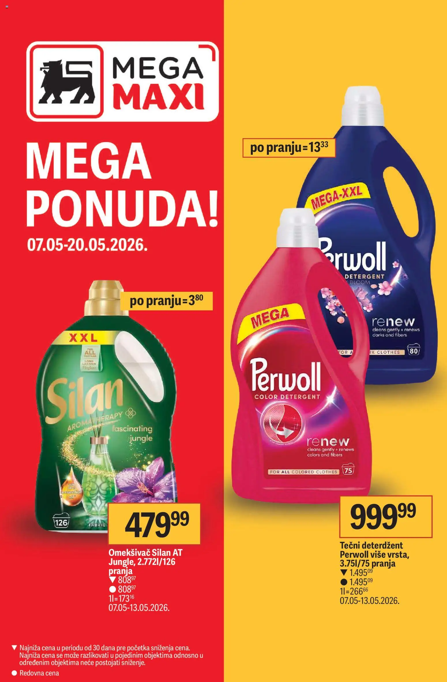 Mega Maxi katalog - važi od 07.05.2026 | Strana: 1 | Proizvode: Deterdžent, Tečni deterdžent, Perwoll, Silan