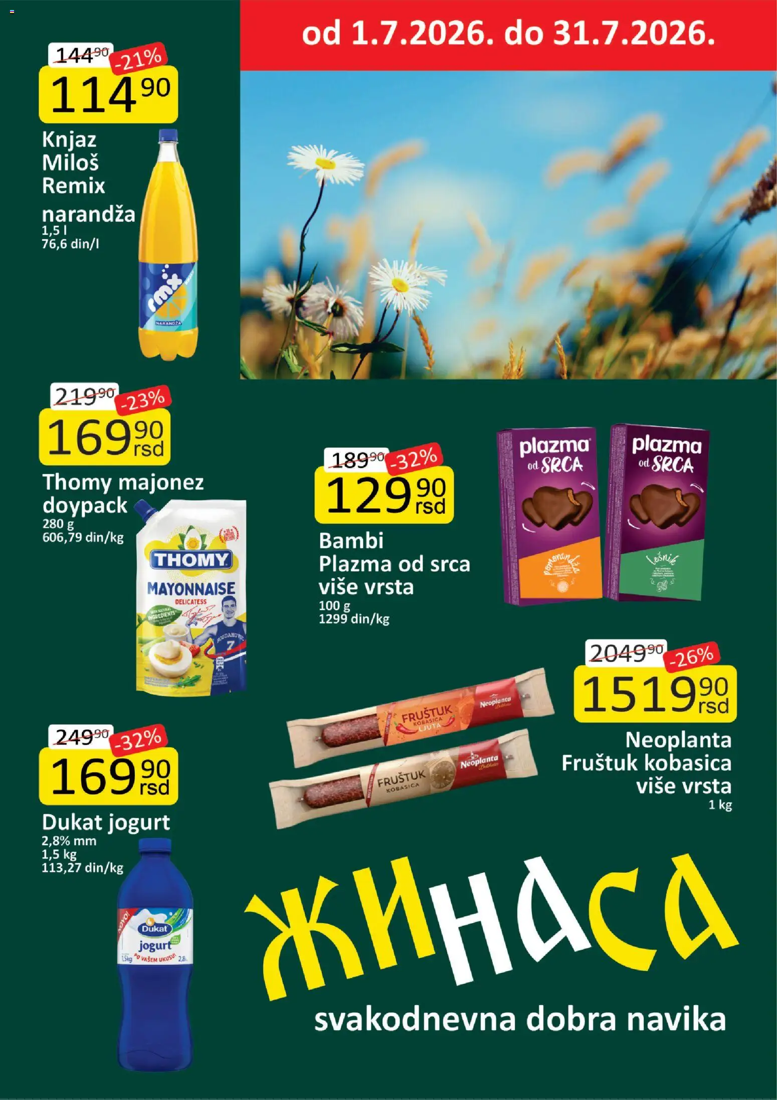 ŽINASA katalog - važi od 01.07.2026 | Strana: 1 | Proizvode: Majonez, Plazma, Jogurt, Kobasica