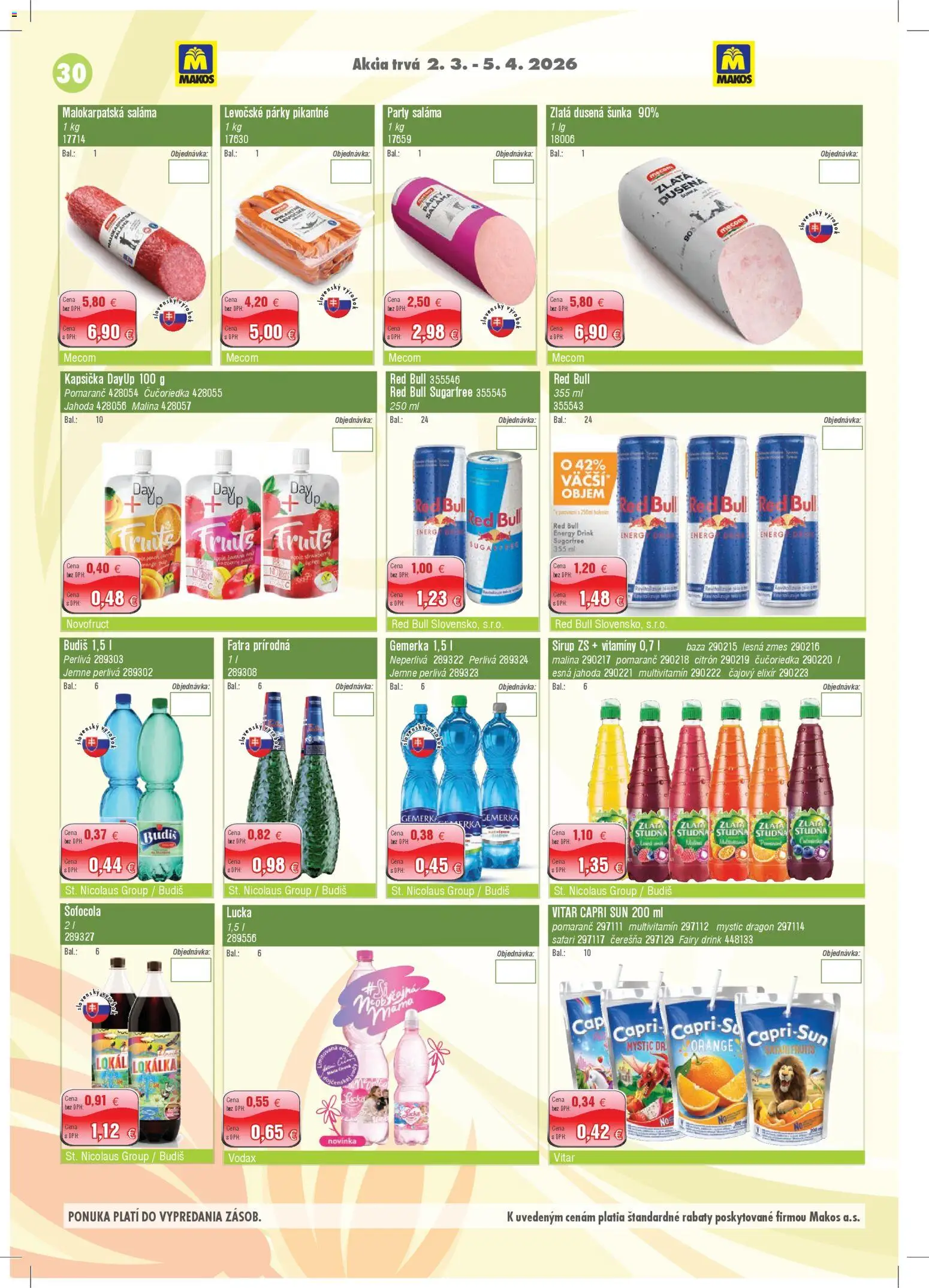 Nové Makos akcie – leták je platný od 02.03.2026 | Strana: 30 | Produkty: Saláma, Šunka, Led, Red Bull