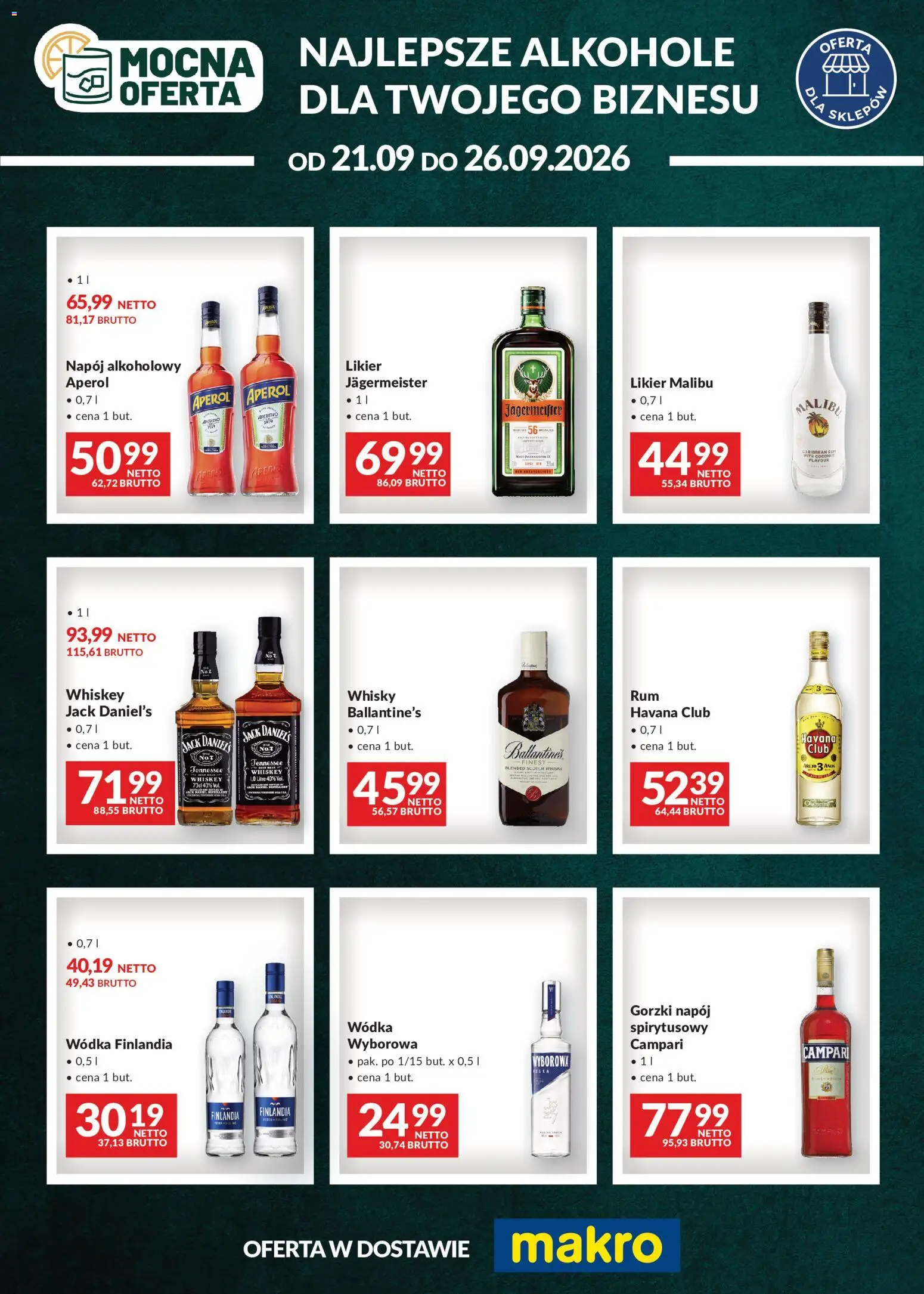 Makro gazetka - Mocna oferta od 21.09.2026 | Strona: 1 | Produkty: Wódka finlandia, Campari, Ballantines, Havana