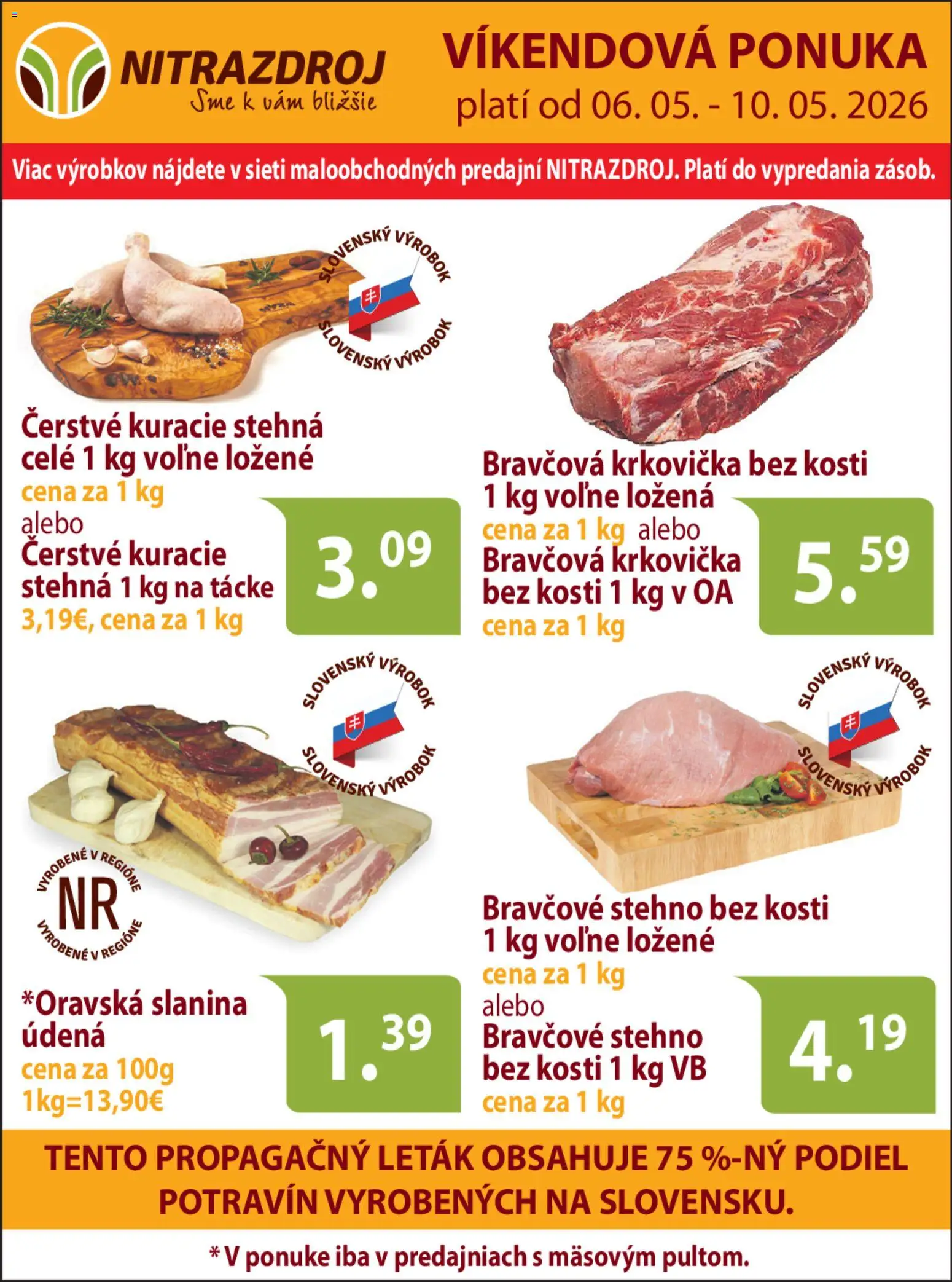 Nové Nitrazdroj akcie – leták je platný od 06.05.2026 | Strana: 1 | Produkty: Slanina, Bravčová krkovička, Bravčové stehno, Kuracie stehná