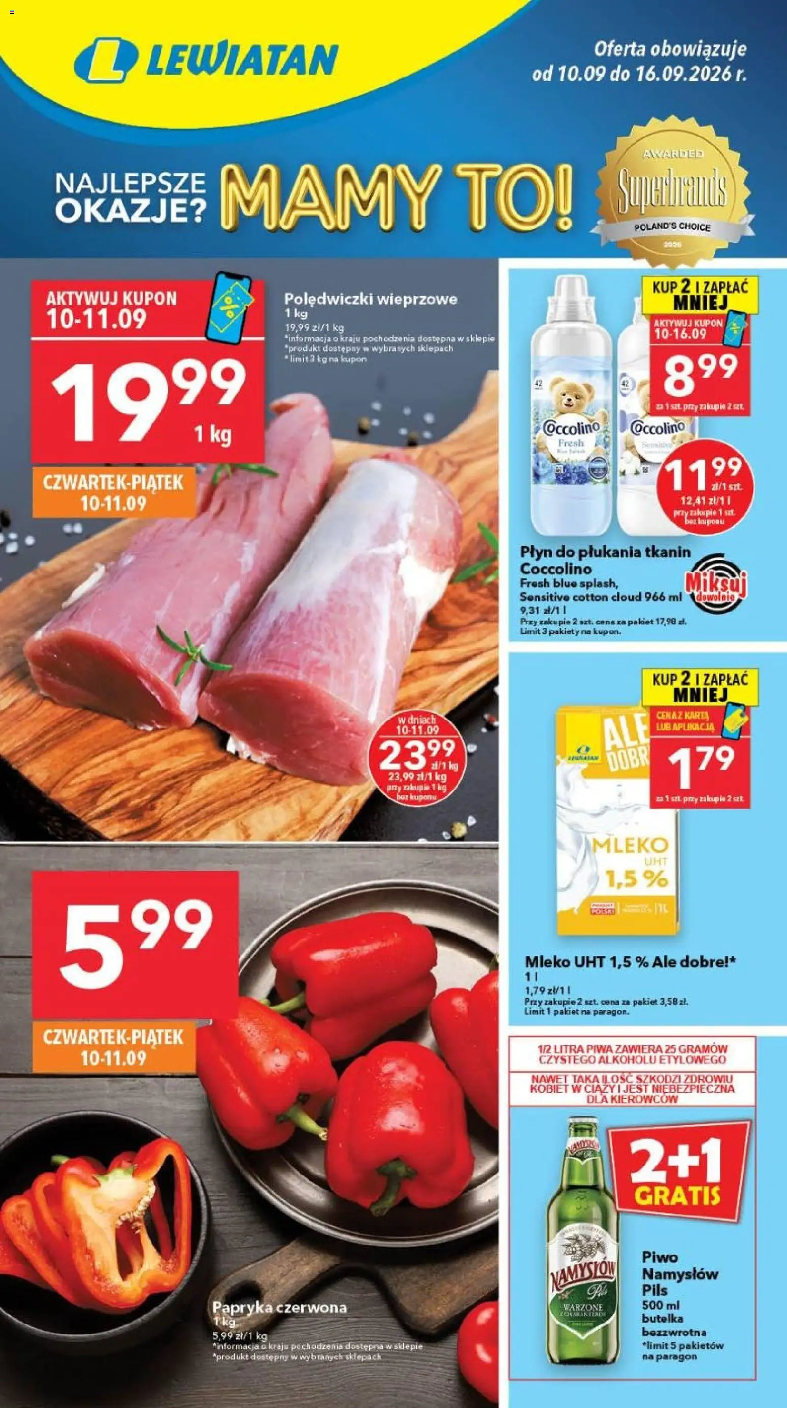 Lewiatan gazetka - Warszawa od 10.09.2026 | Strona: 1 | Produkty: Polędwiczki, Mleko, Papryka czerwona, Piwo