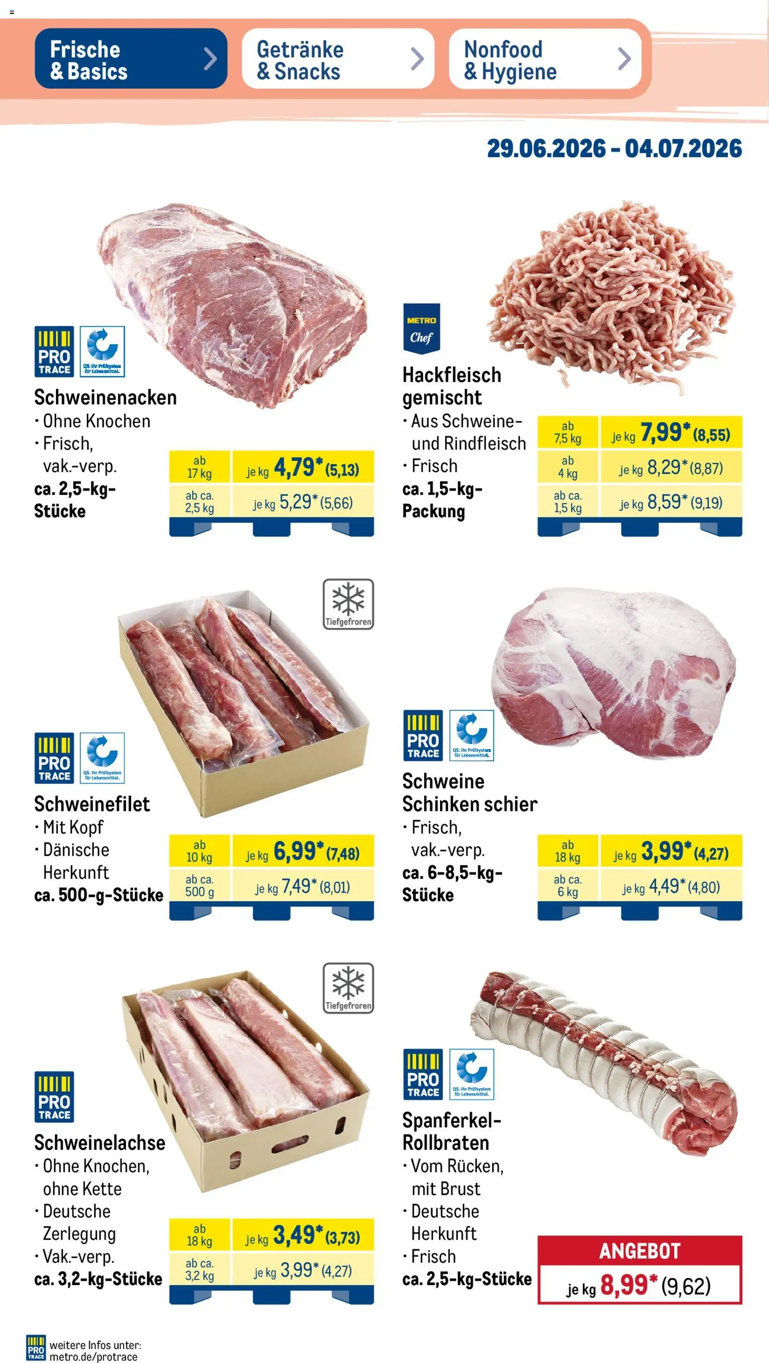 Metro Prospekt – gültig ab 29.06.2026 | Seite: 4 | Produkte: Schweinenacken, Schweinefilet, Schinken, Rindfleisch