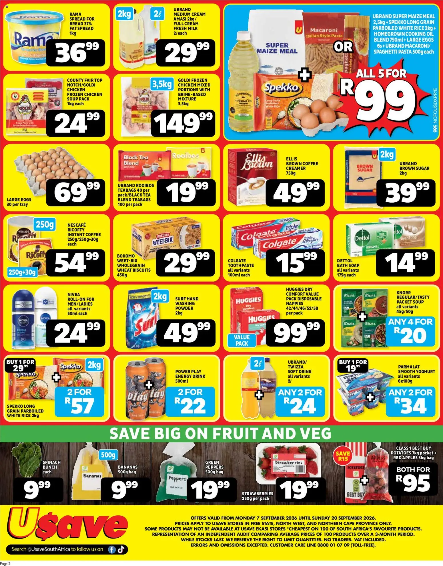 New Usave catalogue – valid from 07/09/2026 | Page: 2 | Products: Frozen chicken, Apples, Energy drink, Sugar