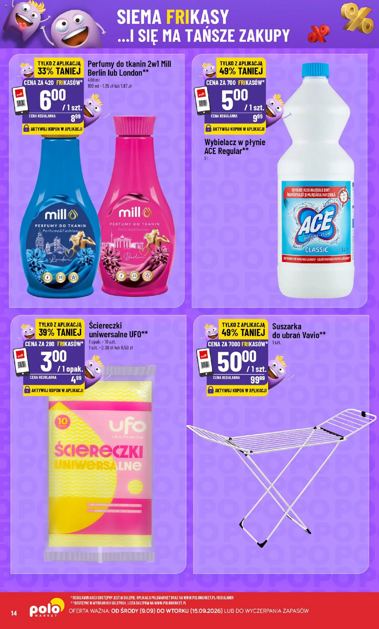 Nowa POLOmarket gazetka od jutra 09.09.2026 | Strona: 14 | Produkty: Suszarka, Ściereczki, Perfumy