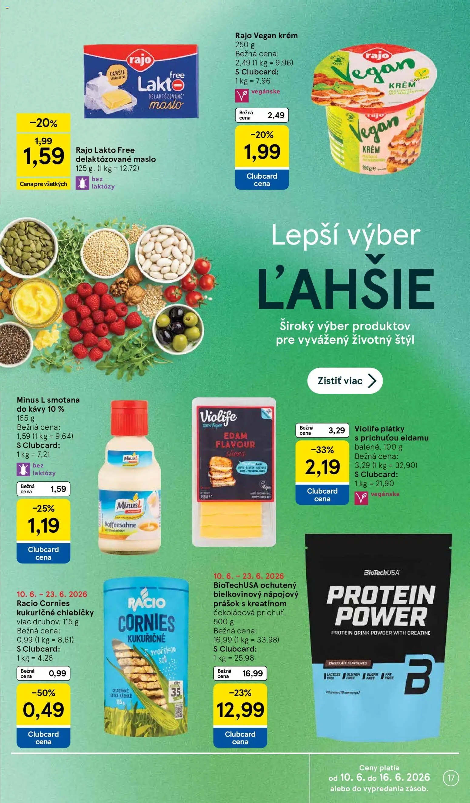 Nové Tesco akcie – leták je platný od 10.06.2026 | Strana: 17 | Produkty: Maslo, Smotana, Protein, Krém
