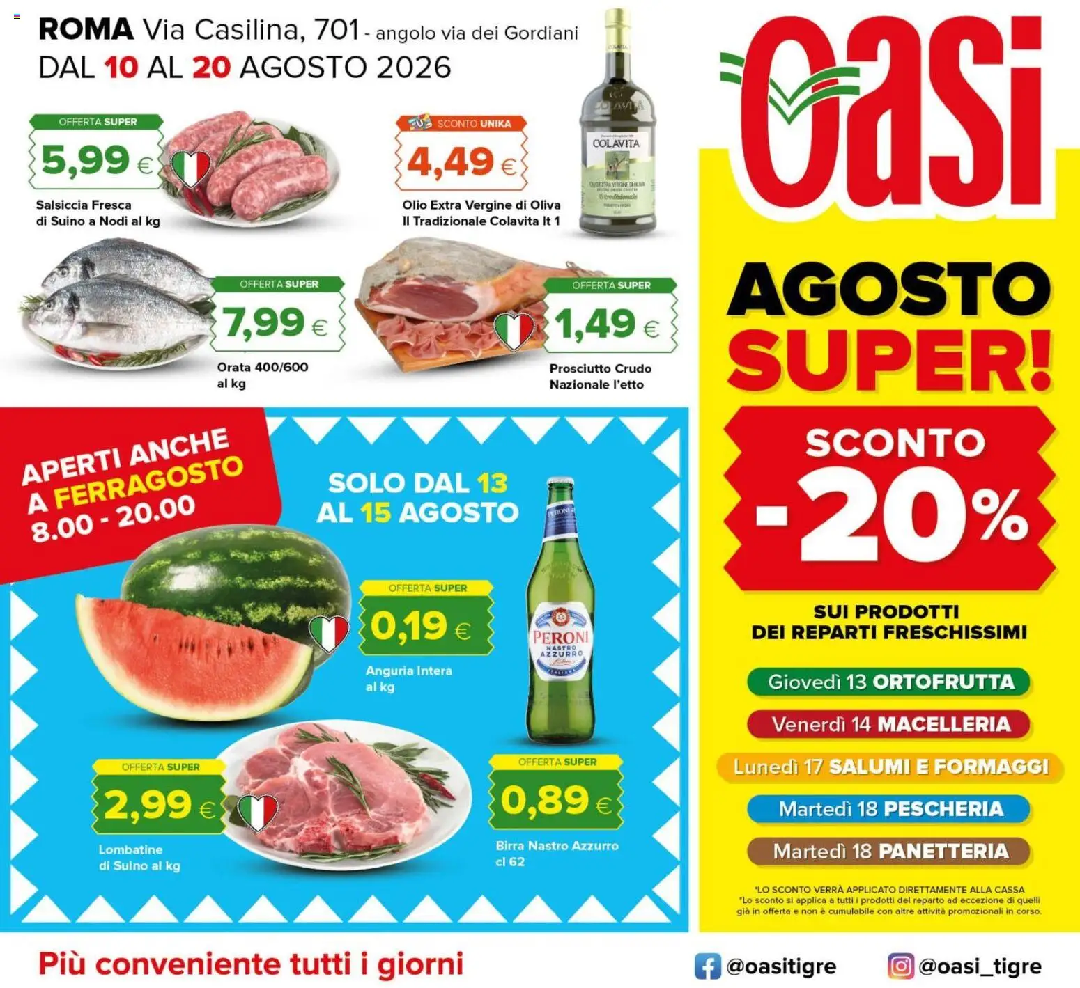 Volantino Oasi del 09/08/2026 | Pagina: 1 | Prodotti: Birra, Olio, Anguria, Olio extra vergine