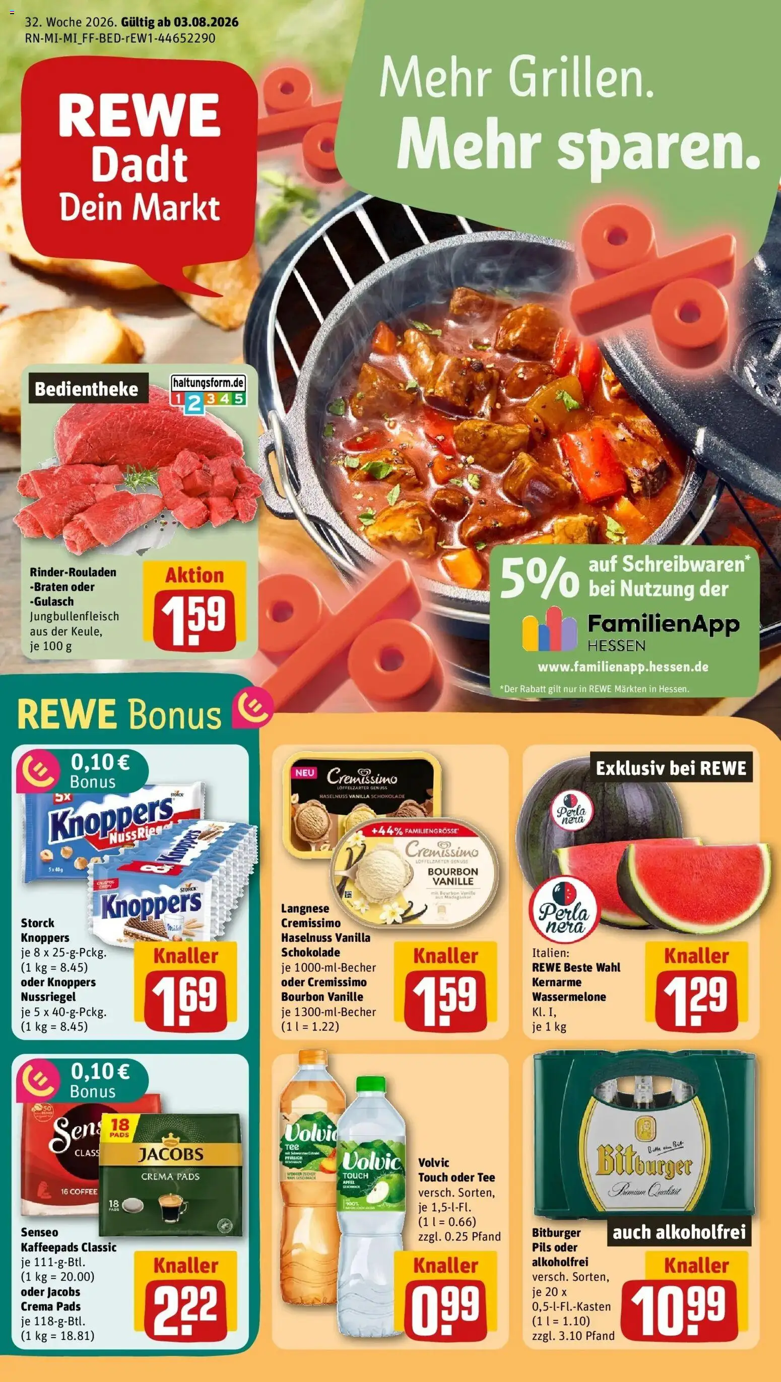 REWE Prospekt ab 03.08.2026 zum Blättern » Angebote | Seite: 1 | Produkte: Bitburger, Langnese, Vanille, Knoppers
