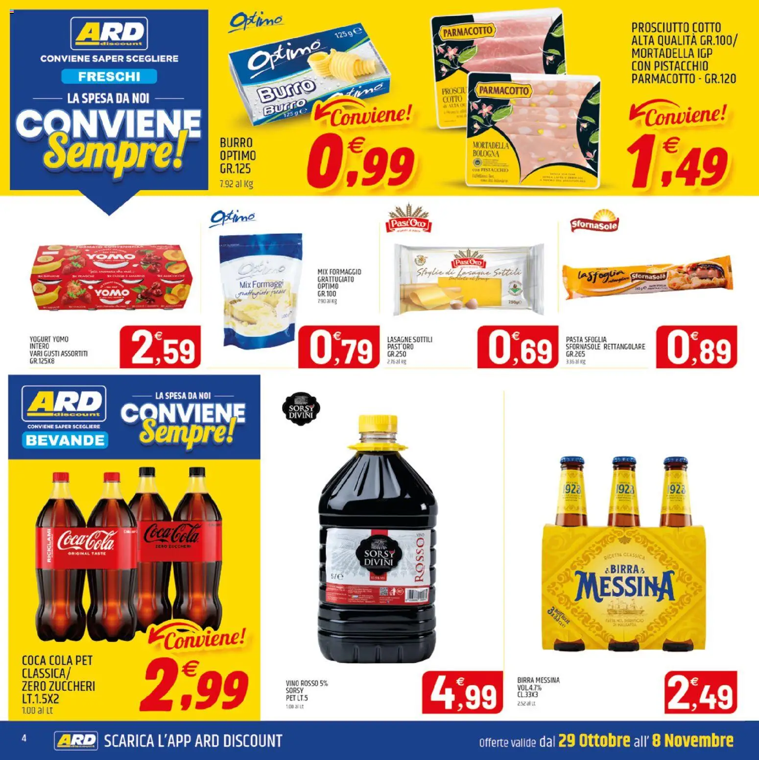 Volantino ARD Discount del 29/10/2026 | Pagina: 4 | Prodotti: Vino, Mortadella, Lasagne, Coca Cola