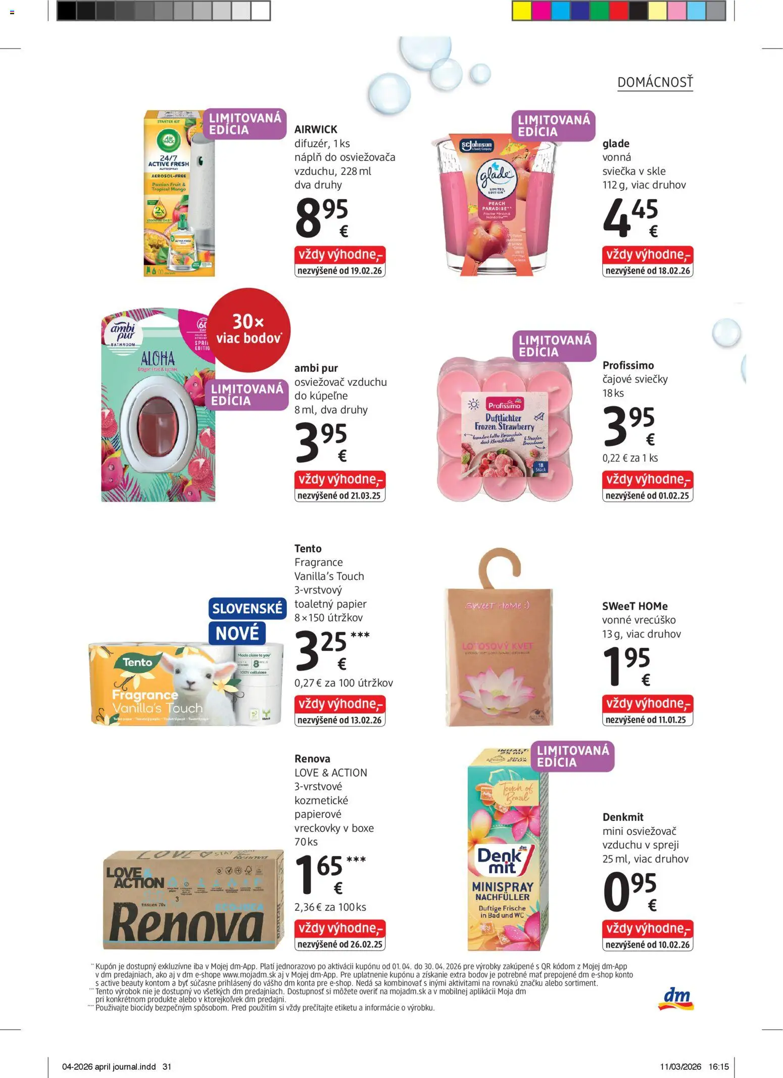 Nové dm drogerie akcie – leták je platný od 01.04.2026 | Strana: 31 | Produkty: Osviežovač vzduchu, Toaletný papier, Sviečky