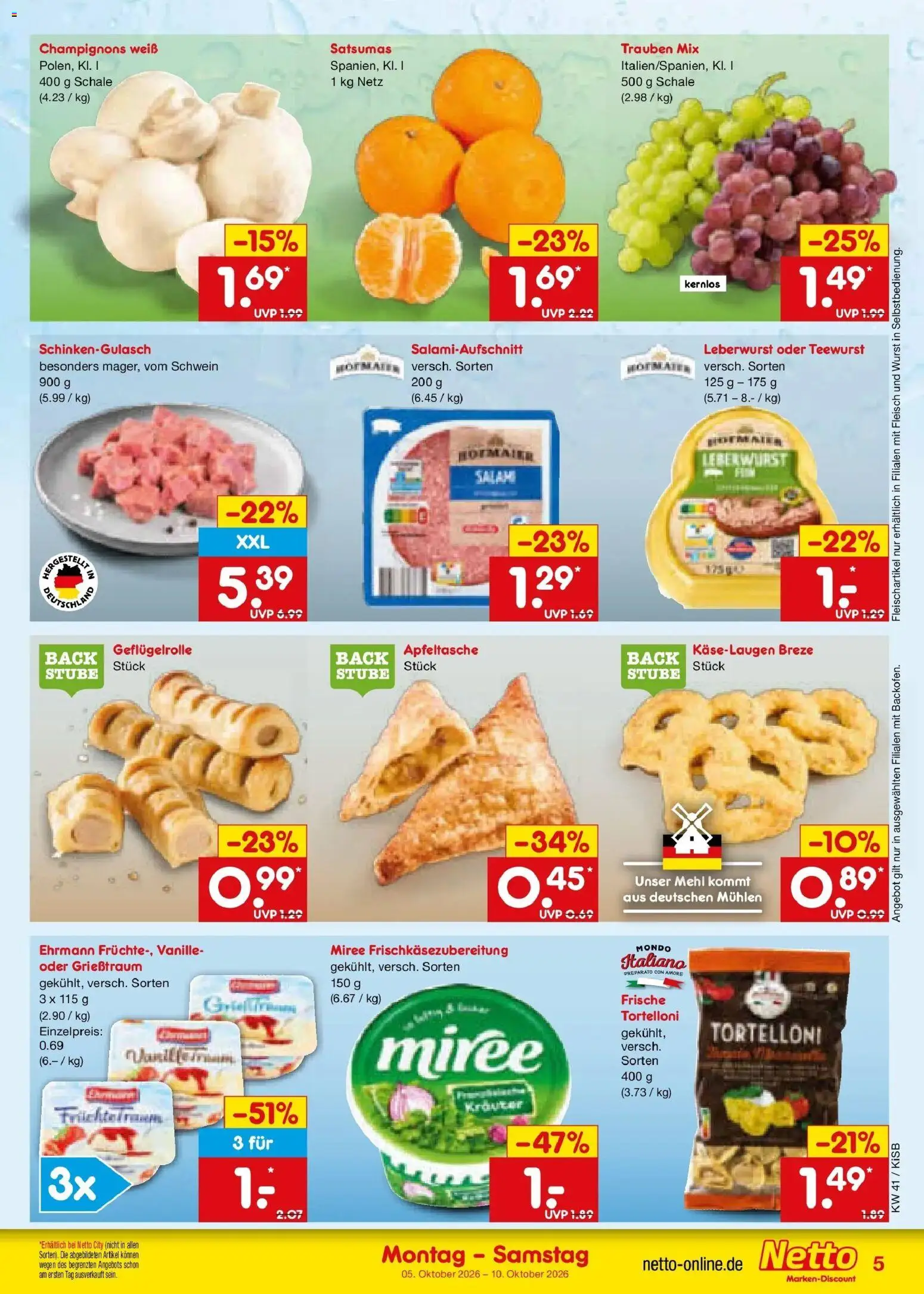 Netto Marken-Discount Prospekt Nürnberg – gültig ab 05.10.2026 | Seite: 5 | Produkte: Mehl, Trauben, Salami, Fleisch