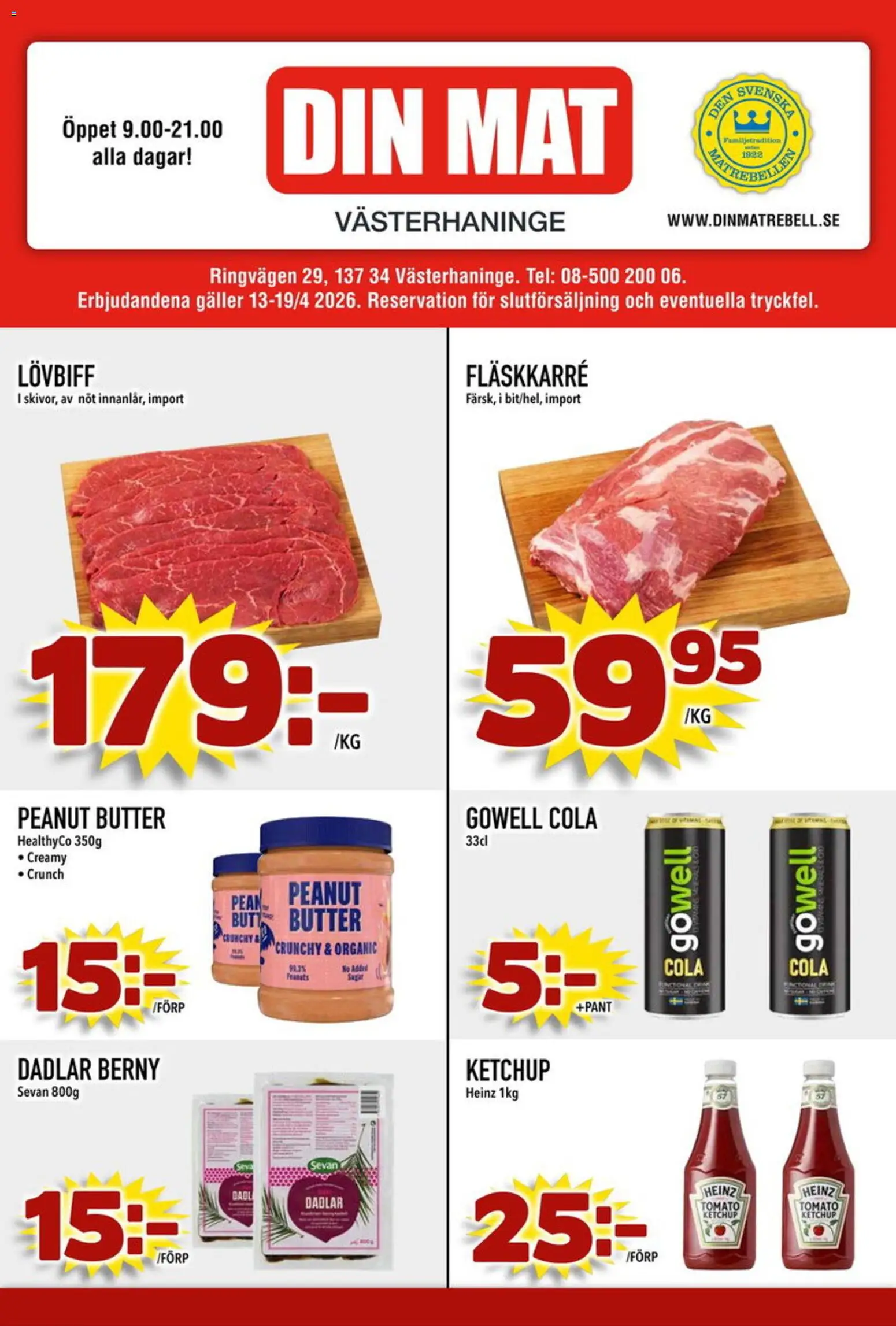 Din Mat reklamblad aktuell från 13.04.2026 | Sida: 1 | Produkter: Galler, Lövbiff, Ketchup