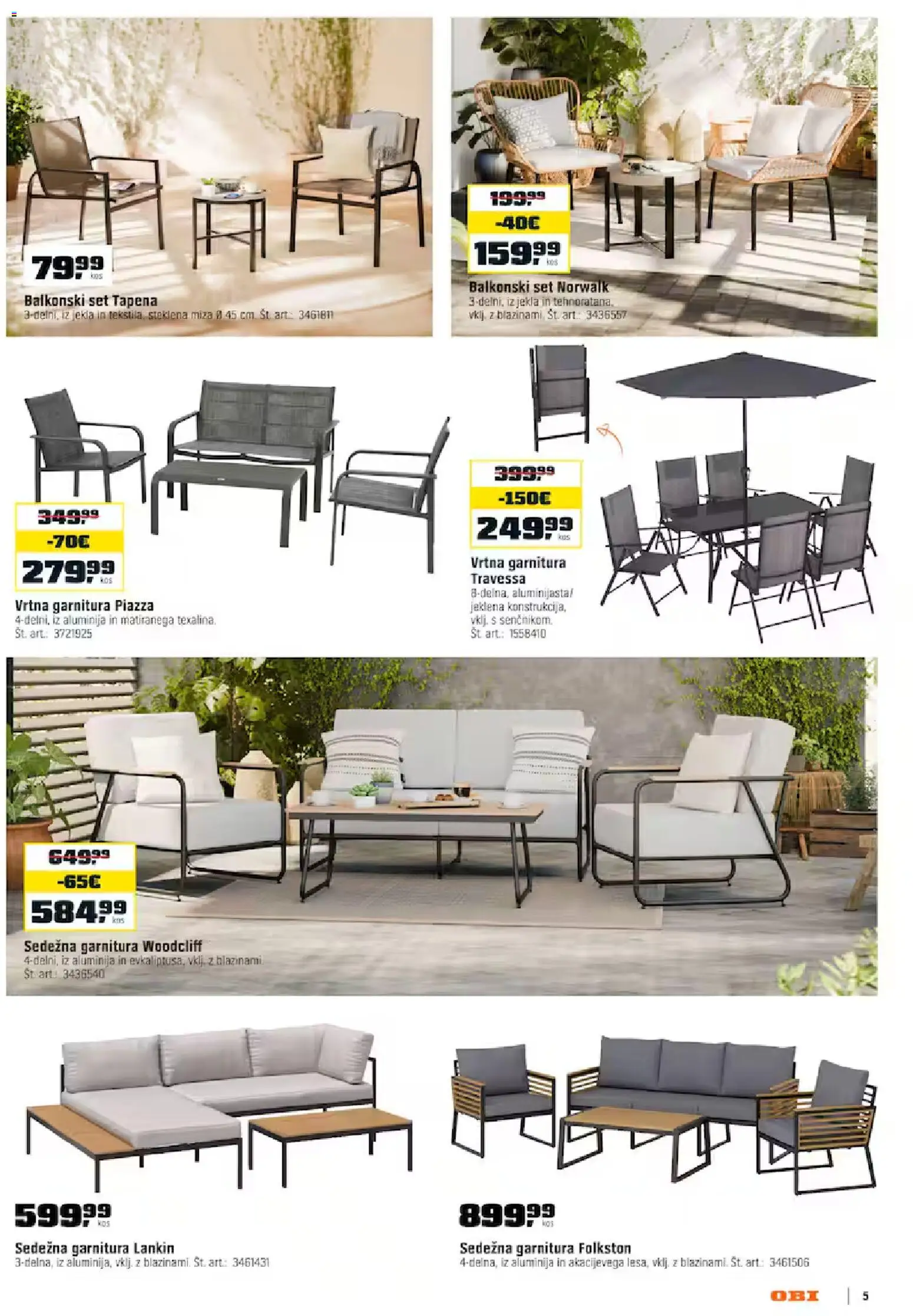 Novi OBI katalog ponudbe – veljaven od 02.07.2026 | Stran: 5 | Izdelki: Vrtna garnitura, Balkonski set, Sedezna garnitura, Miza