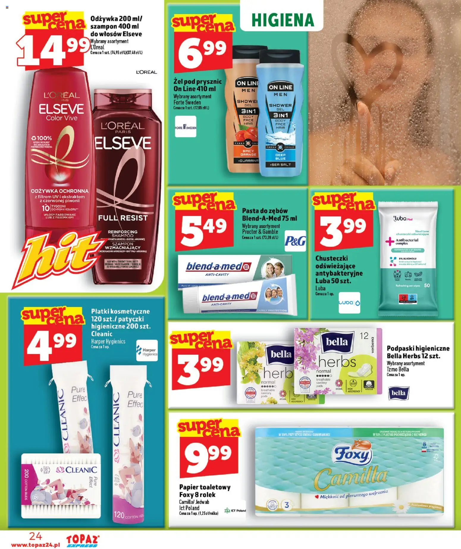 Topaz gazetka - Express od 16.07.2026 | Strona: 24 | Produkty: Papier toaletowy, Prysznic, Płatki kosmetyczne, Żel pod prysznic