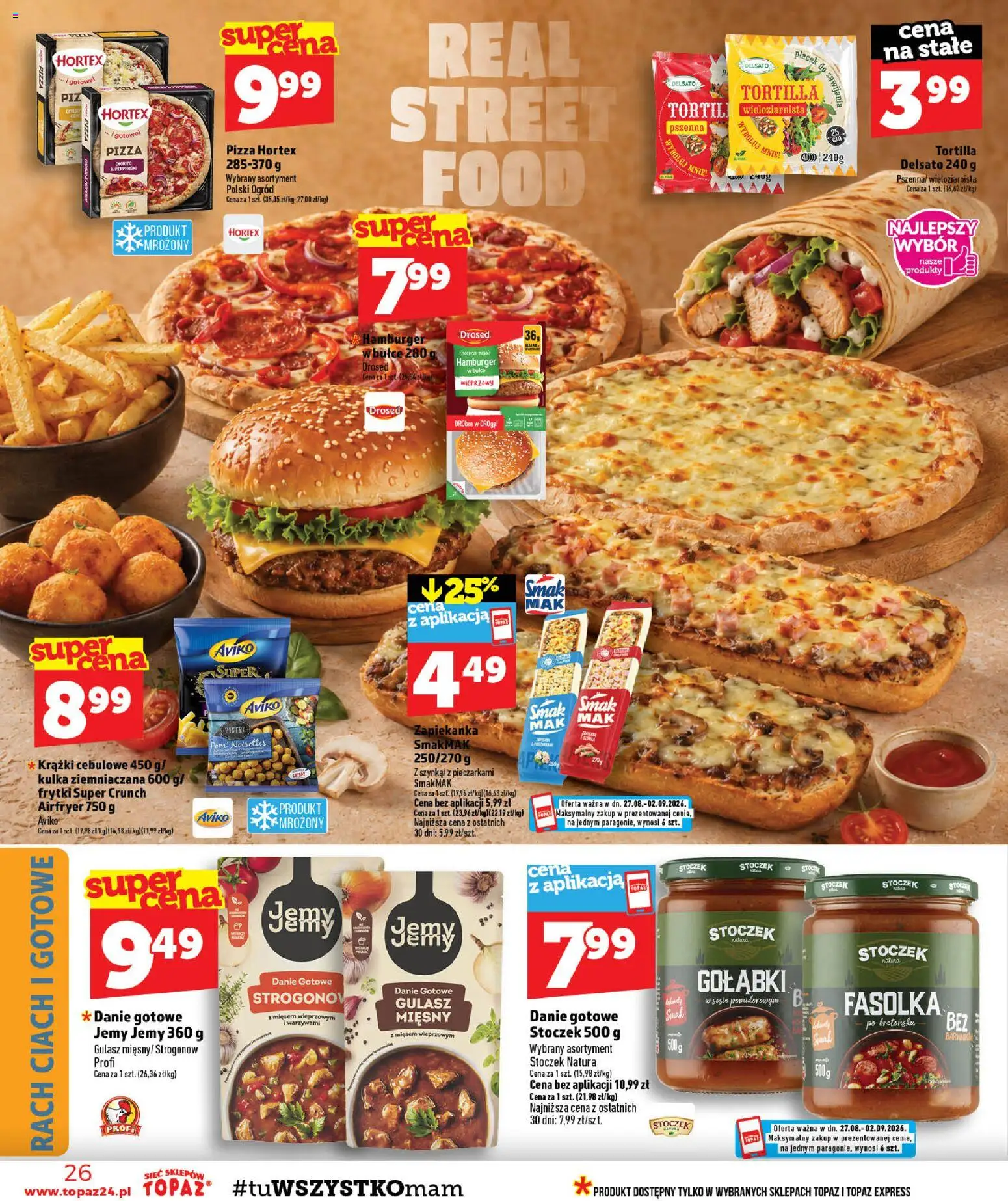 Topaz gazetka - MAZ od 27.08.2026 | Strona: 26 | Produkty: Hamburger, Tortilla, Pizza, Gulasz