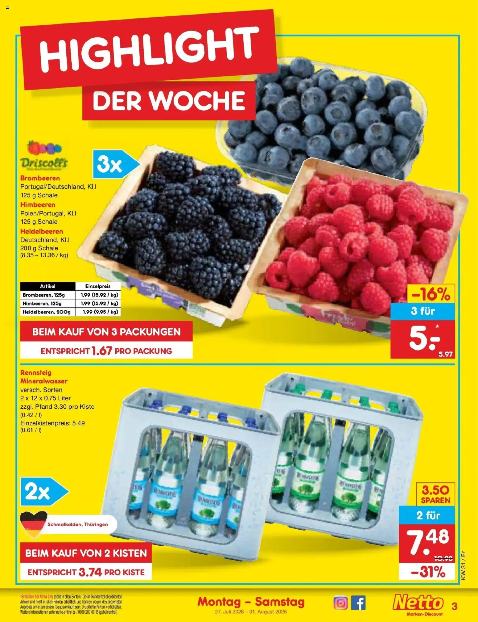 Netto Marken-Discount Prospekt Naumburg – gültig ab 27.07.2026 | Seite: 3 | Produkte: Himbeeren, Mineralwasser, Heidelbeeren