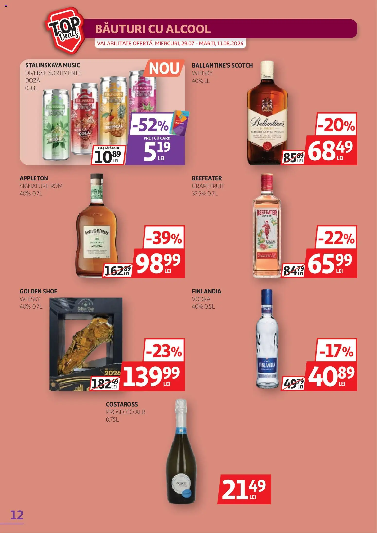 Noul catalog Auchan – valabil de la 29.07.2026 | Pagină: 12 | Produse: Ballantine's, Prosecco, Finlandia, Rom