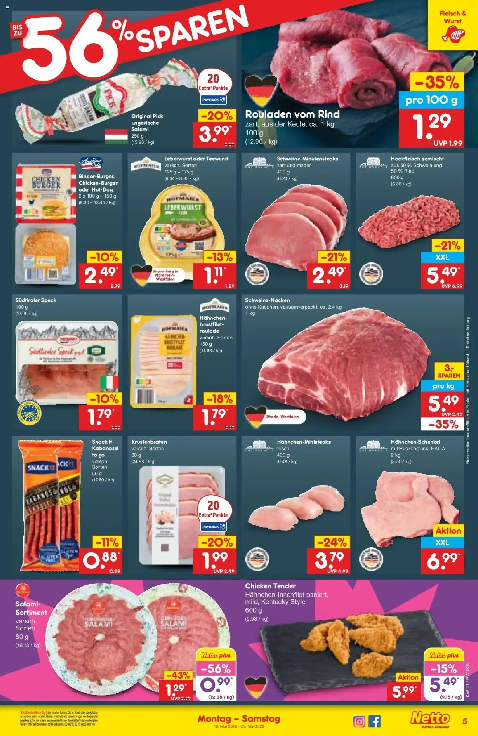 Netto Marken-Discount Prospekt Stemwede-Dielingen	 – gültig ab 17.05.2026 | Seite: 5 | Produkte: Hahnchenschenkel, Wurst, Salami, Hackfleisch