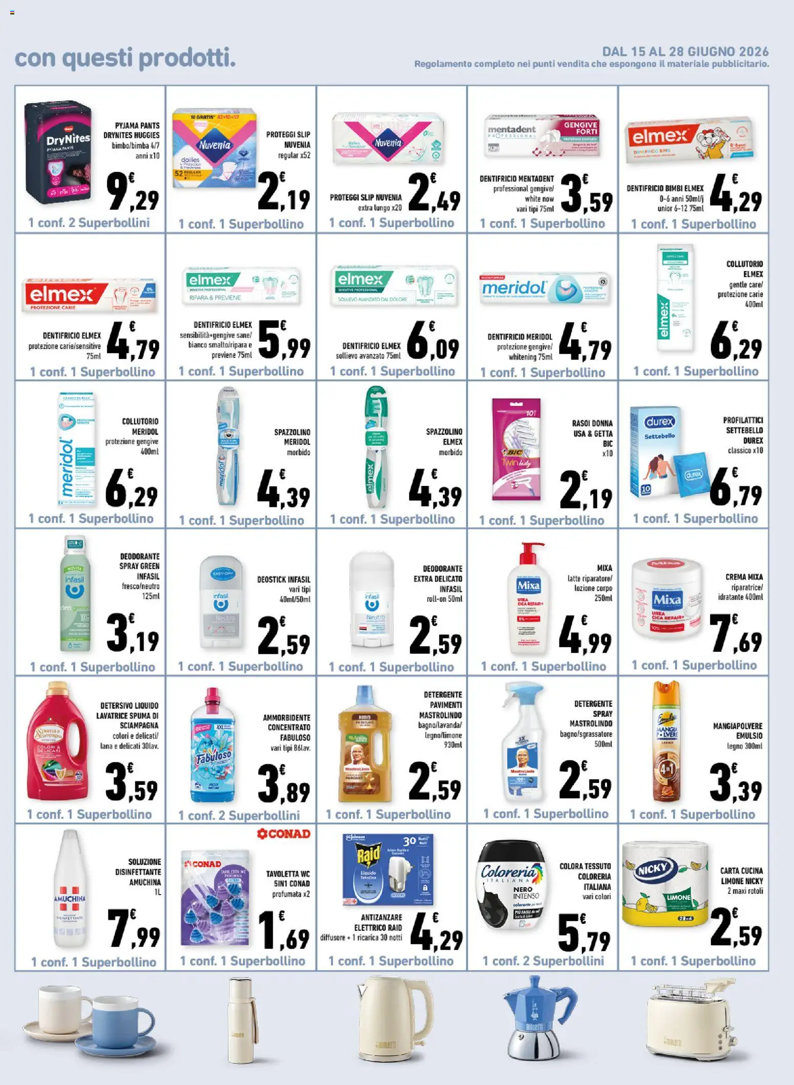 Volantino Conad del 17.06.2026 | Pagina: 15 | Prodotti: Crema, Proteggi slip, Profilattici, Lavatrice