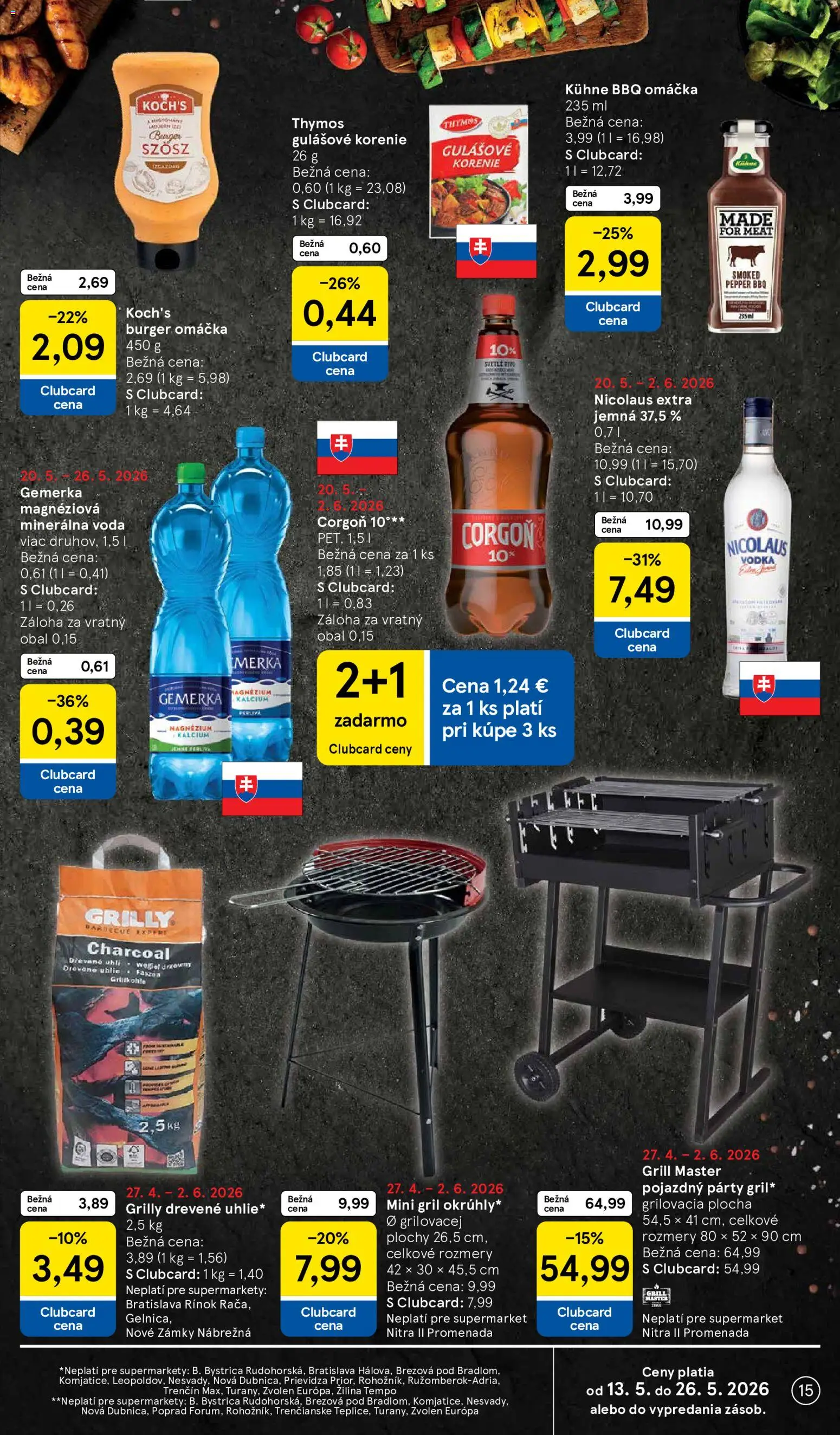 Nové Tesco akcie – leták je platný od 20.05.2026 | Strana: 15 | Produkty: Gril, Corgoň, Voda, Minerálna voda
