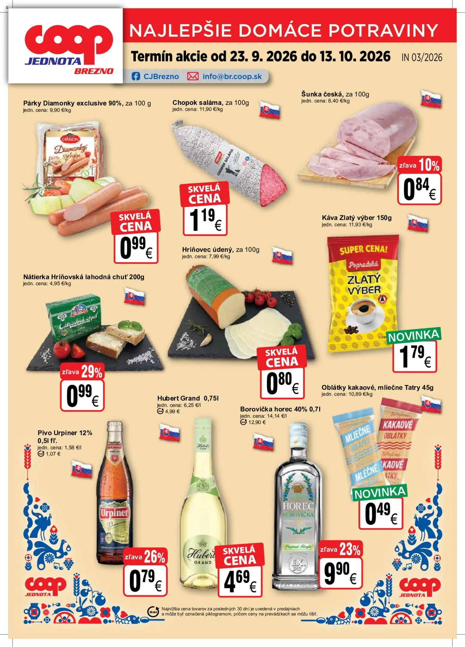 Nové COOP Jednota akcie – leták je platný od 23.09.2026 | Strana: 1 | Produkty: Pivo, Nátierka, Párky, Urpiner