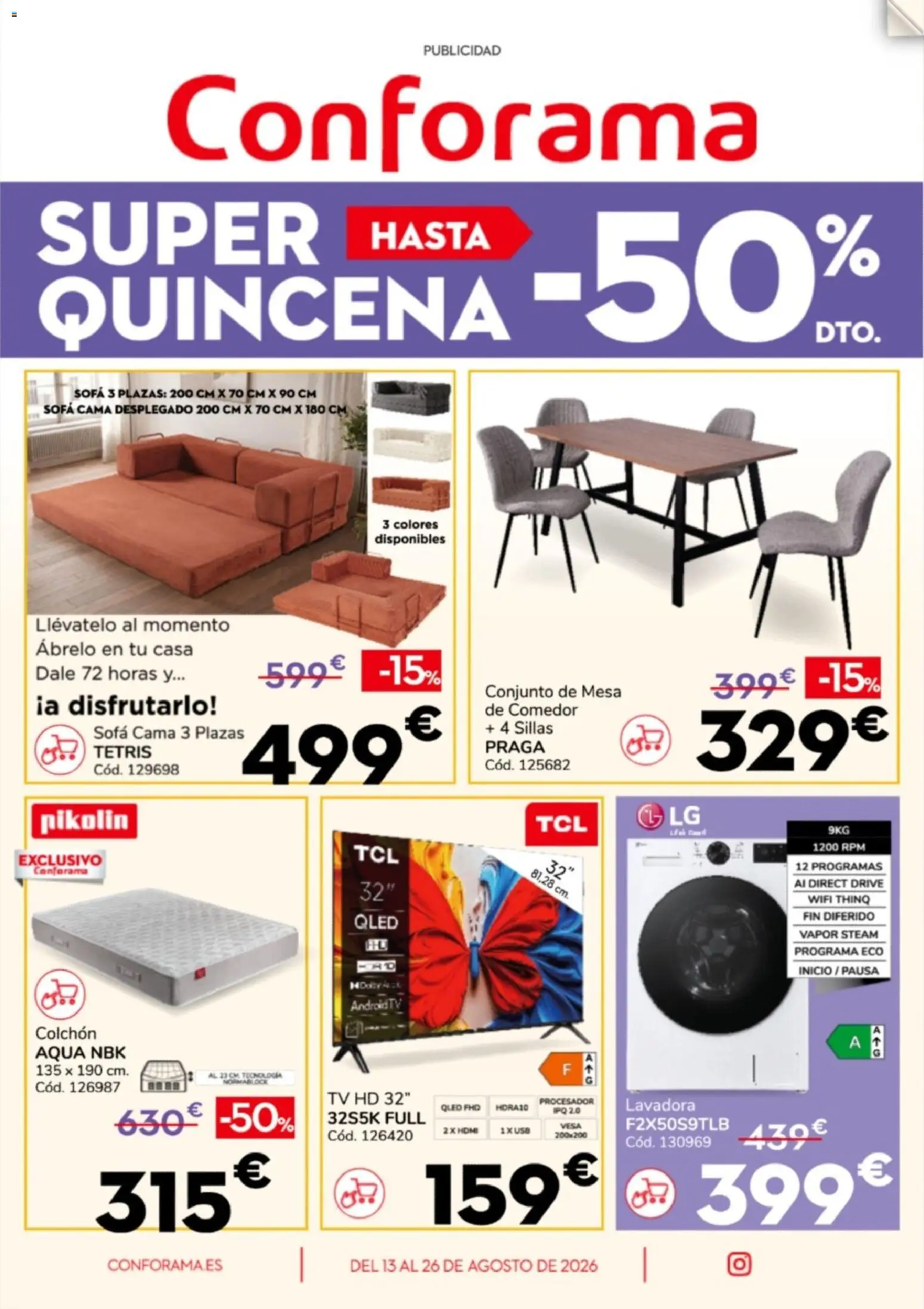 Conforama Super Quincena │ válido desde el 13/08/2026 | Página: 1 | Productos: Colchon, Sofá cama, Cama, Mesa