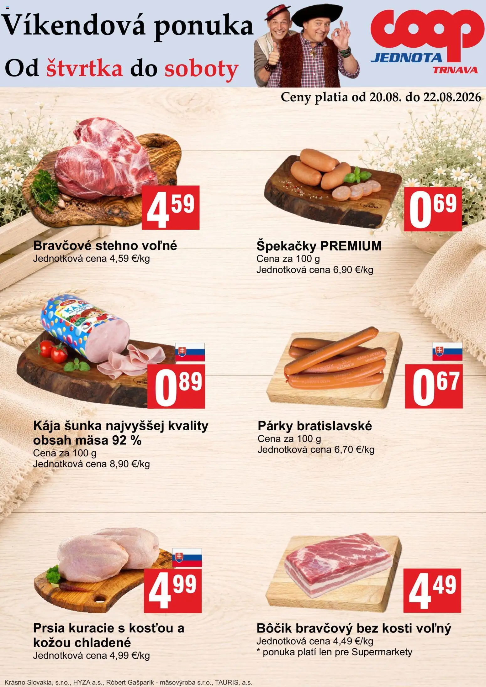 Nové COOP Jednota akcie – leták je platný od 20.08.2026 | Strana: 3 | Produkty: Bravčové stehno, Mäso, Párky, Bôčik