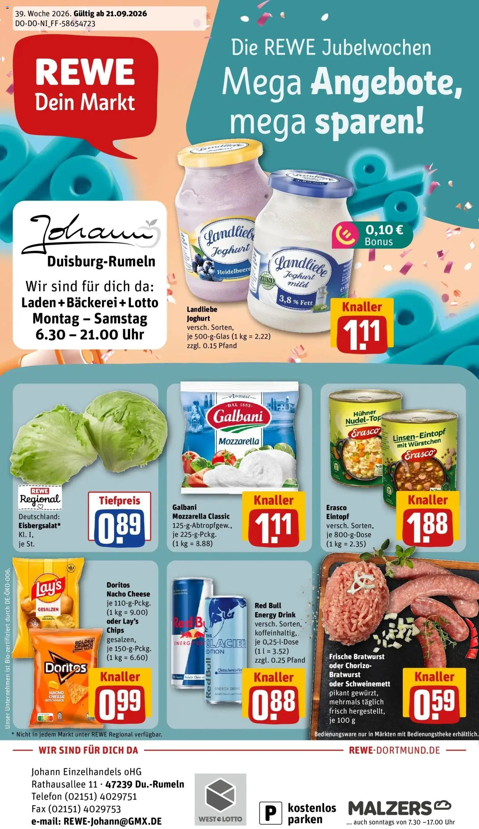 REWE Prospekt ab 21.09.2026 zum Blättern » Angebote | Seite: 1 | Produkte: Energy, Joghurt, Mozzarella, Bratwurst