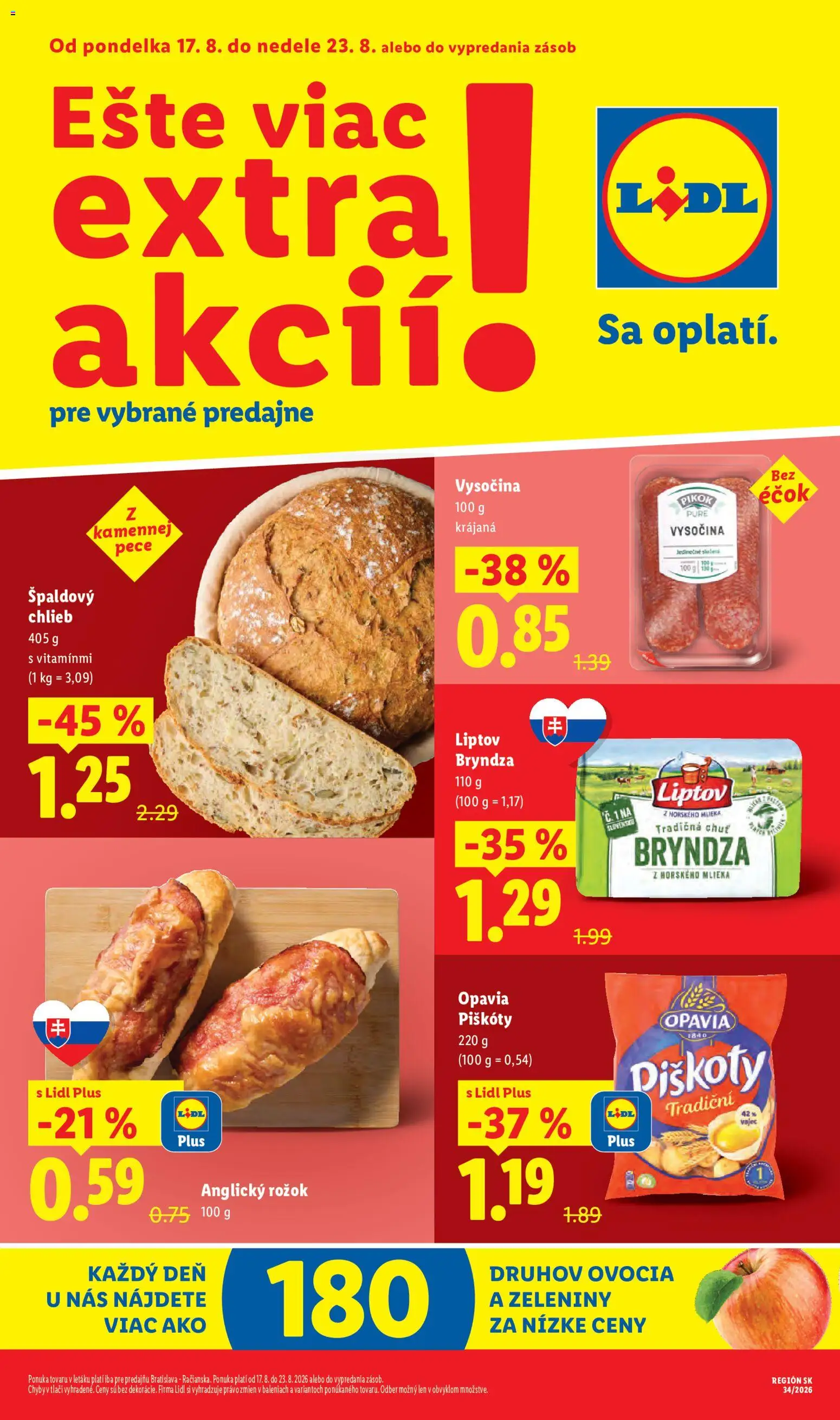 Nové Lidl akcie – leták je platný od 17.08.2026 | Strana: 1 | Produkty: Piškóty, Chlieb, Rožok, Bryndza