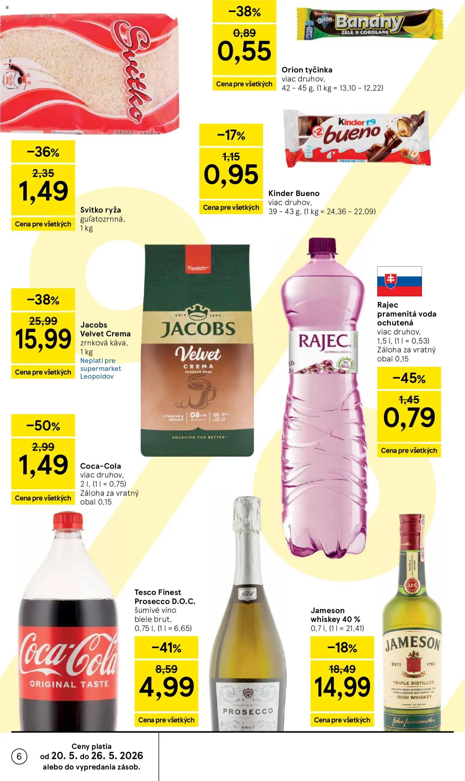 Nové Tesco akcie – leták je platný od 20.05.2026 | Strana: 6 | Produkty: Jameson, Banány, Kinder Bueno, Cola