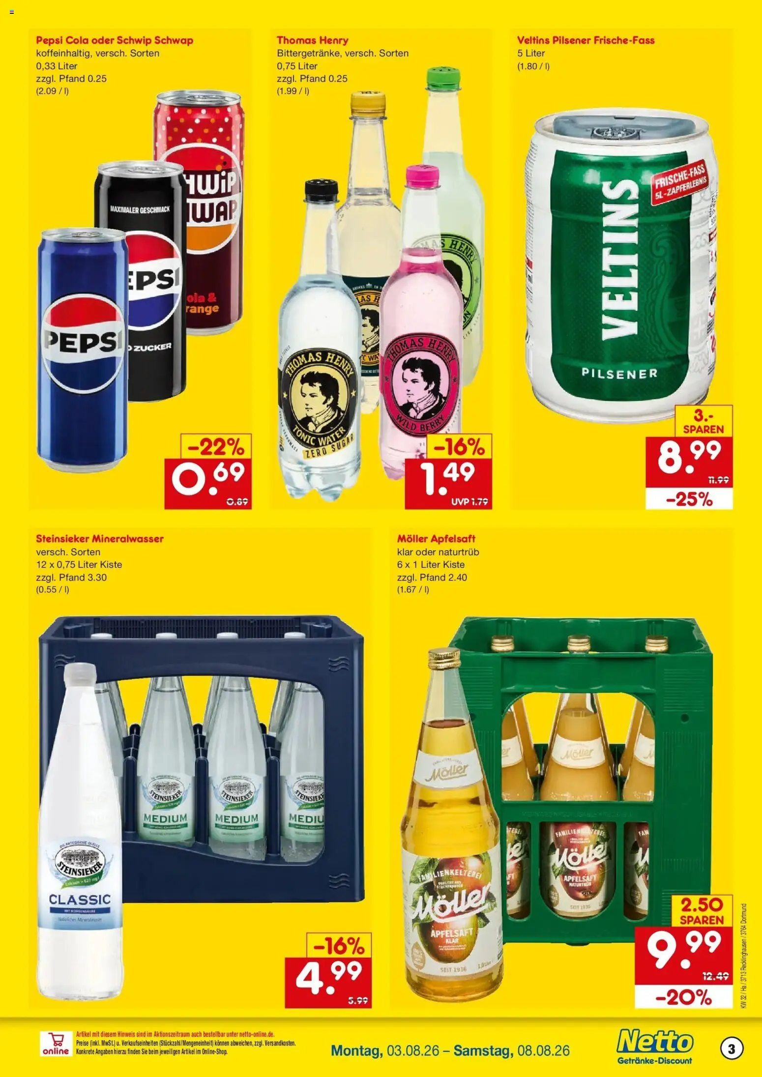 Netto Marken-Discount Prospekt Dortmund – gültig ab 03.08.2026 | Seite: 3 | Produkte: Apfelsaft, Mineralwasser, Zucker, Veltins