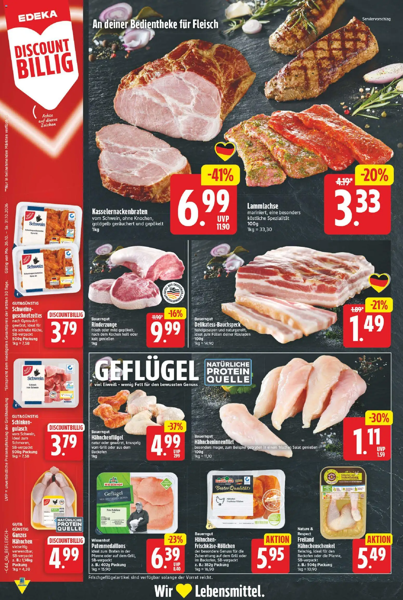 E center Prospekt – gültig ab 26.10.2026 | Seite: 6 | Produkte: Hahnchenschenkel, Gulasch, Bauerngut, Salat